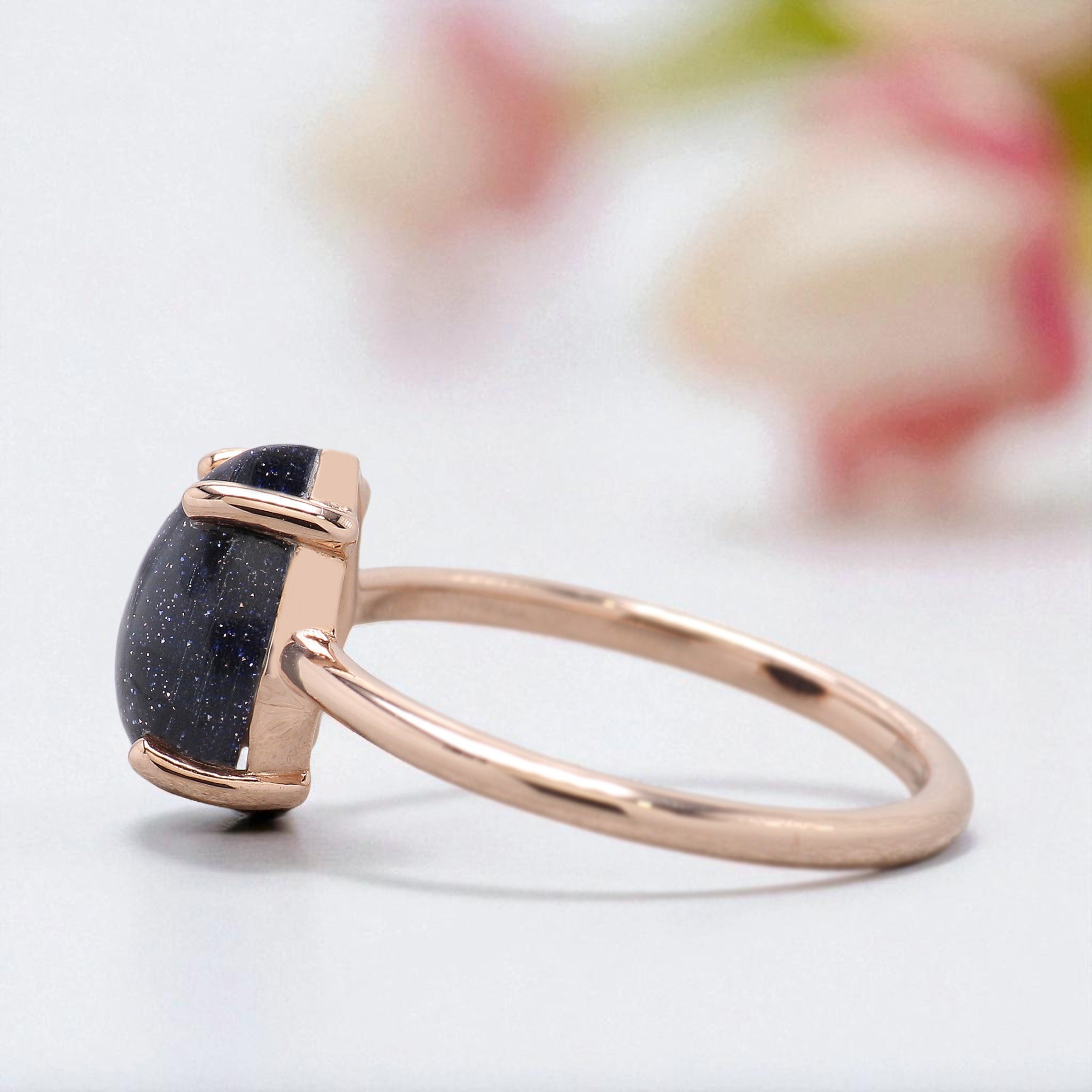 2.00 CT Unique Pear Cut Blue Sand Stone Cabochon Engagement Ring Rose Gold Ring Beautiful Blue Pear Sun Star Wedding Ring FD437