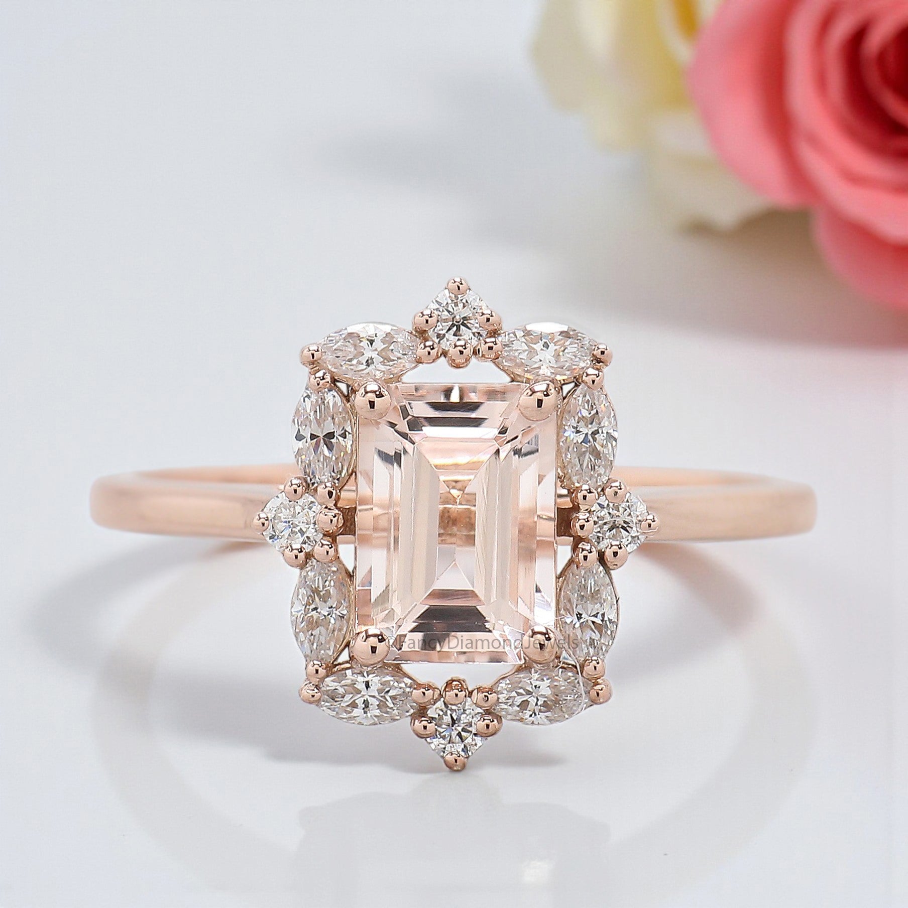 0.95 CT Emerald Shape Morganite Engagement Ring Set Unique art deco Marquise halo Starburst Ring Round wedding ring Gift For Her FD440