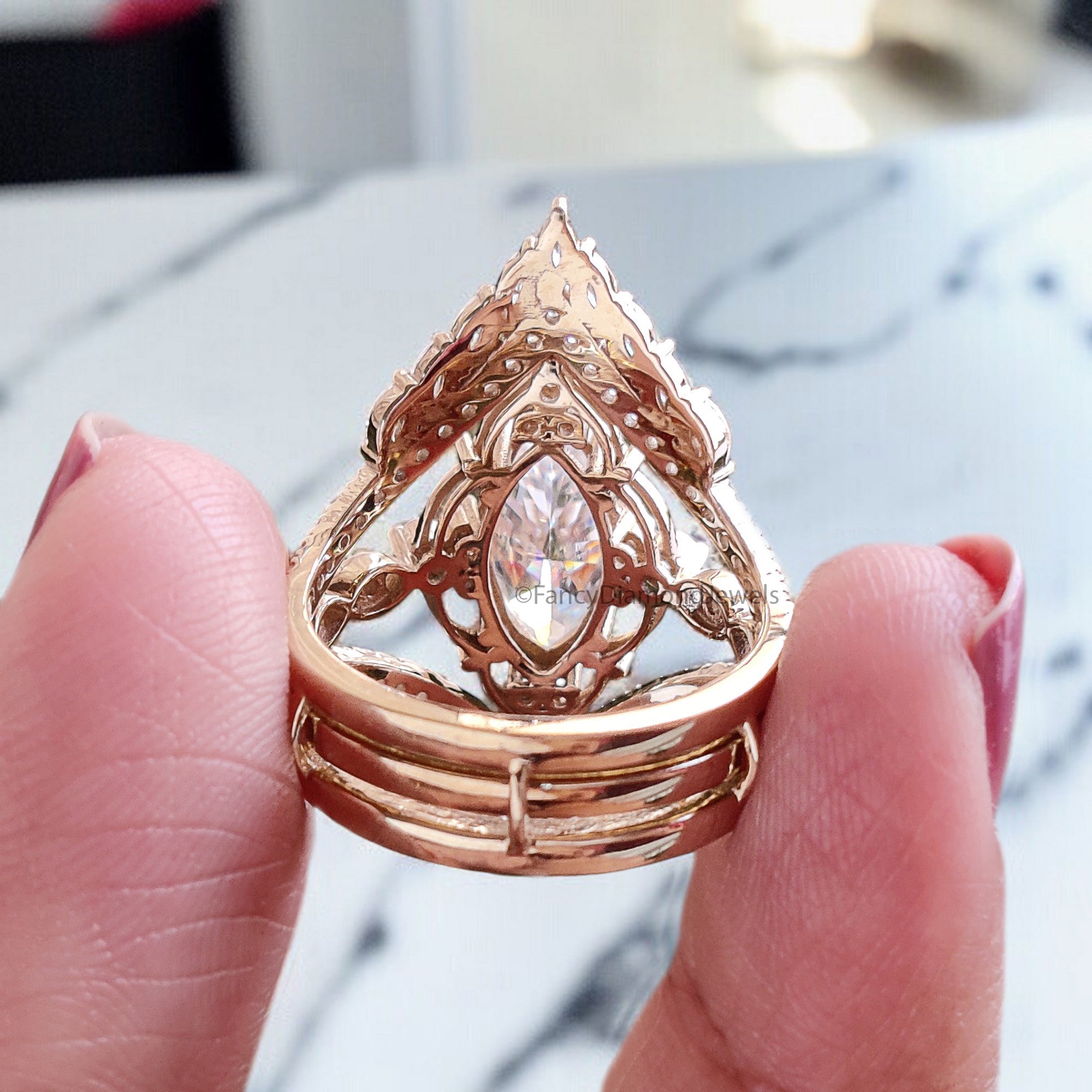 Marquise Moissanite Bridal Set 2pcs Moissanite Cage Ring Unique Engagement Ring Yellow Gold Vintage Wrap Ring Bridal Anniversary Ring FD318