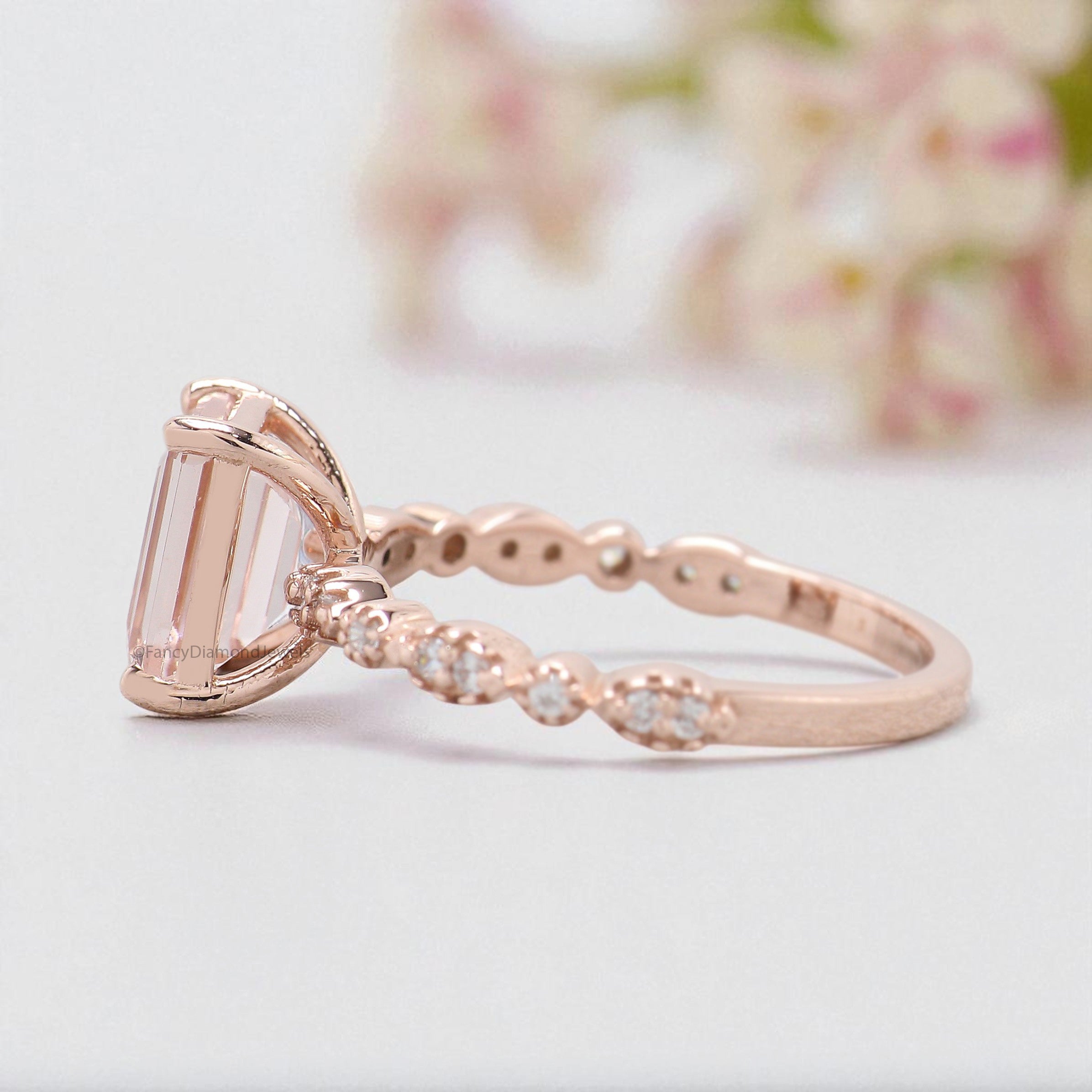 1.58 CT Emerald Cut Natural Morganite Engagement Ring Rose Gold Ring Emerald Diamond Wedding Ring Unique Vintage Ring Gift For Her FD428