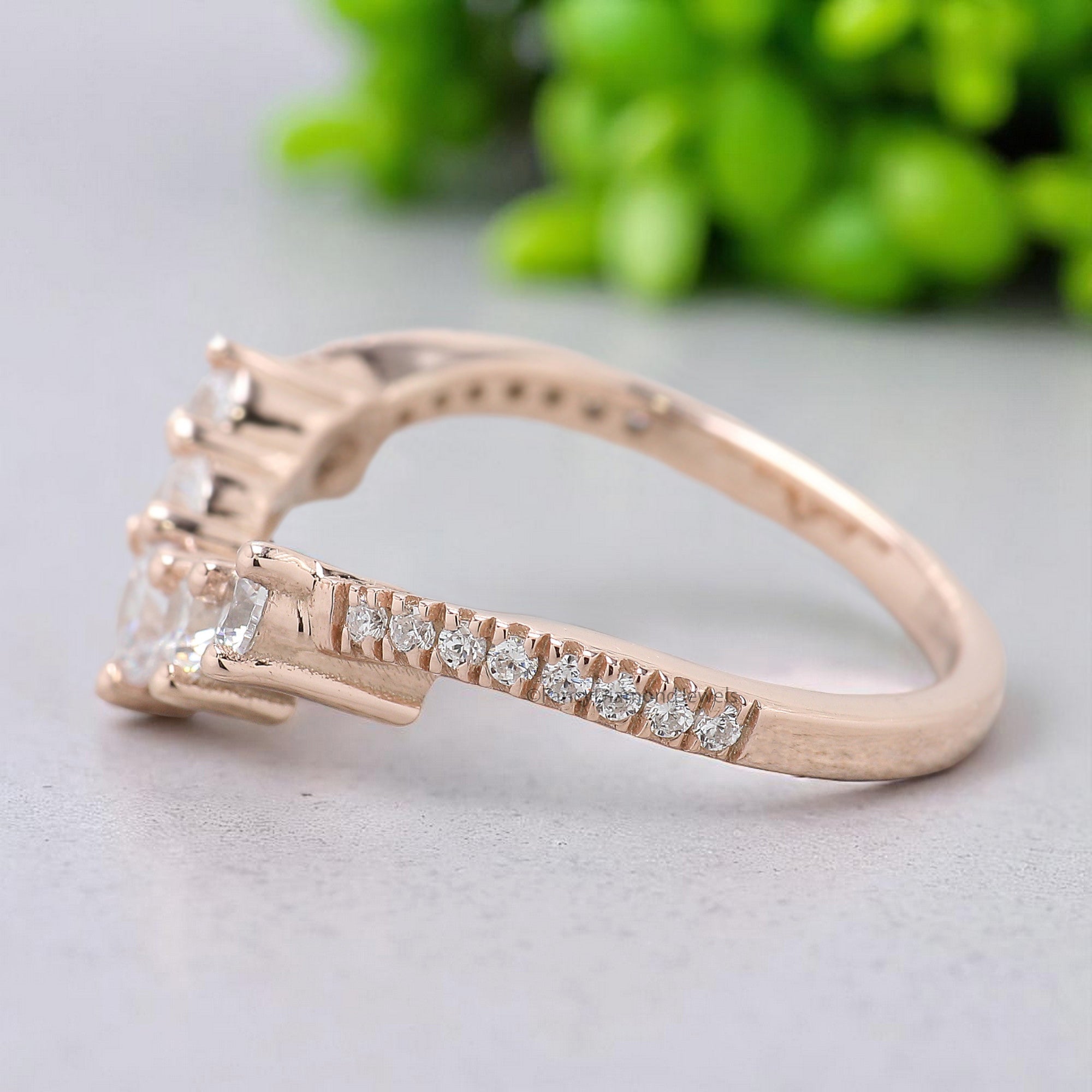 Curved wedding band 0.64 TW Round cut Moissanite ring Chic Thin V Shaped band Silver/10K/14K/18K Band Half eternity Anniversary band FD376