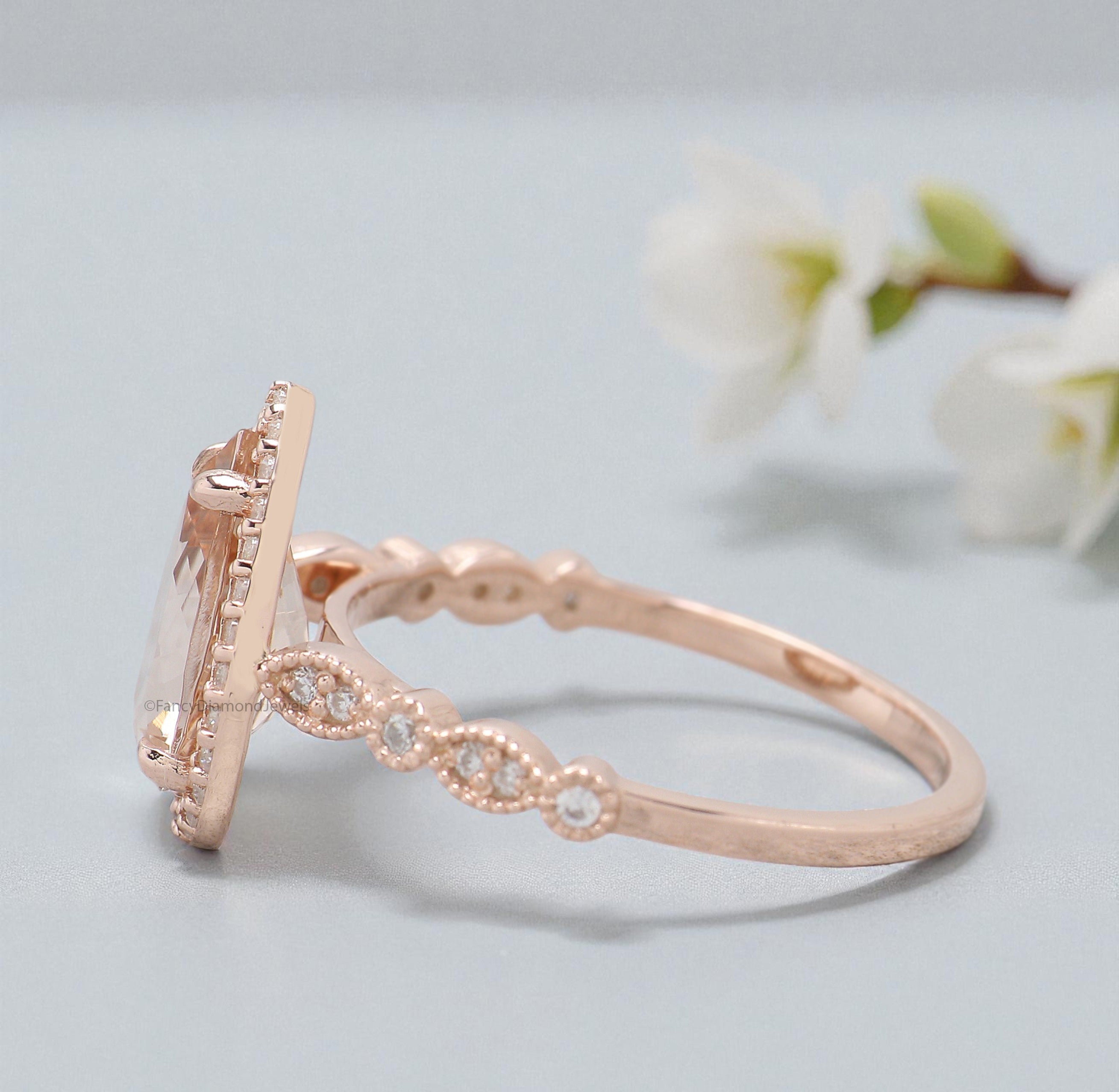 1.50 CT Pear Cut Natural Morganite Engagement Ring Rose Gold Ring Pear Shape Wedding Ring Unique Vintage Halo Ring Gift For Her FD450