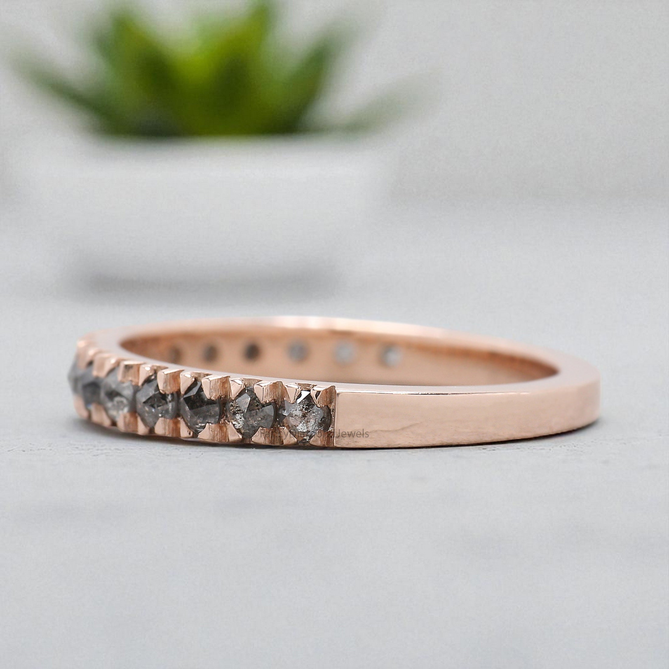 Round Rose Cut Salt And Pepper Diamond Wedding Band Silver/10K/14K/18K Gold Half Eternity Minimalist stacking dainty matching Ring KD923