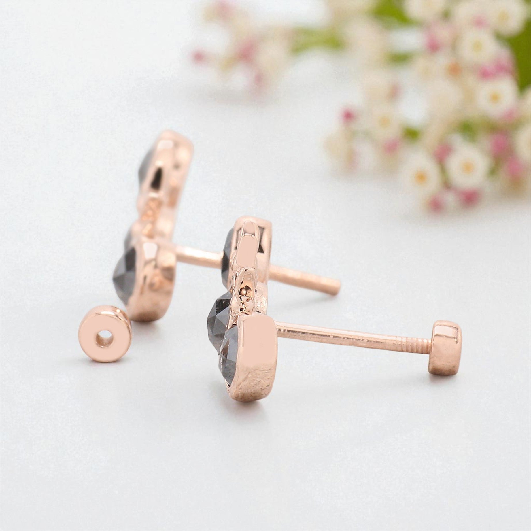 Round Salt And Pepper Diamond Earring Round Rose Shape Earring Bezel Earring Engagement Earring Earlobe Earrings Gift For Her KDN2059