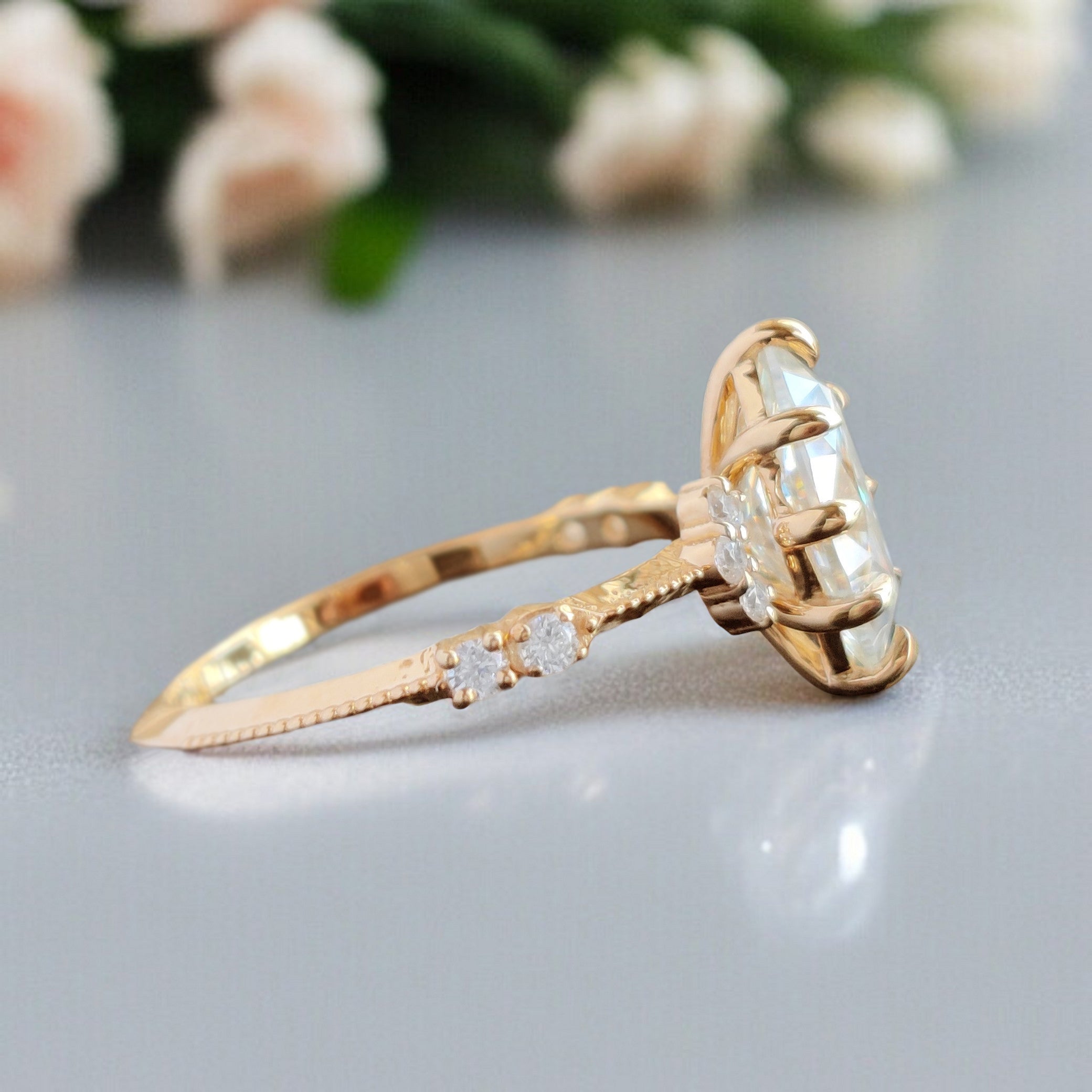 1.10 CT Marquise Lab Grown Diamond Engagement Ring Knife Band Round Diamond Ring Bridal Promise Ring Yellow Gold Ring Gift For Her FD455