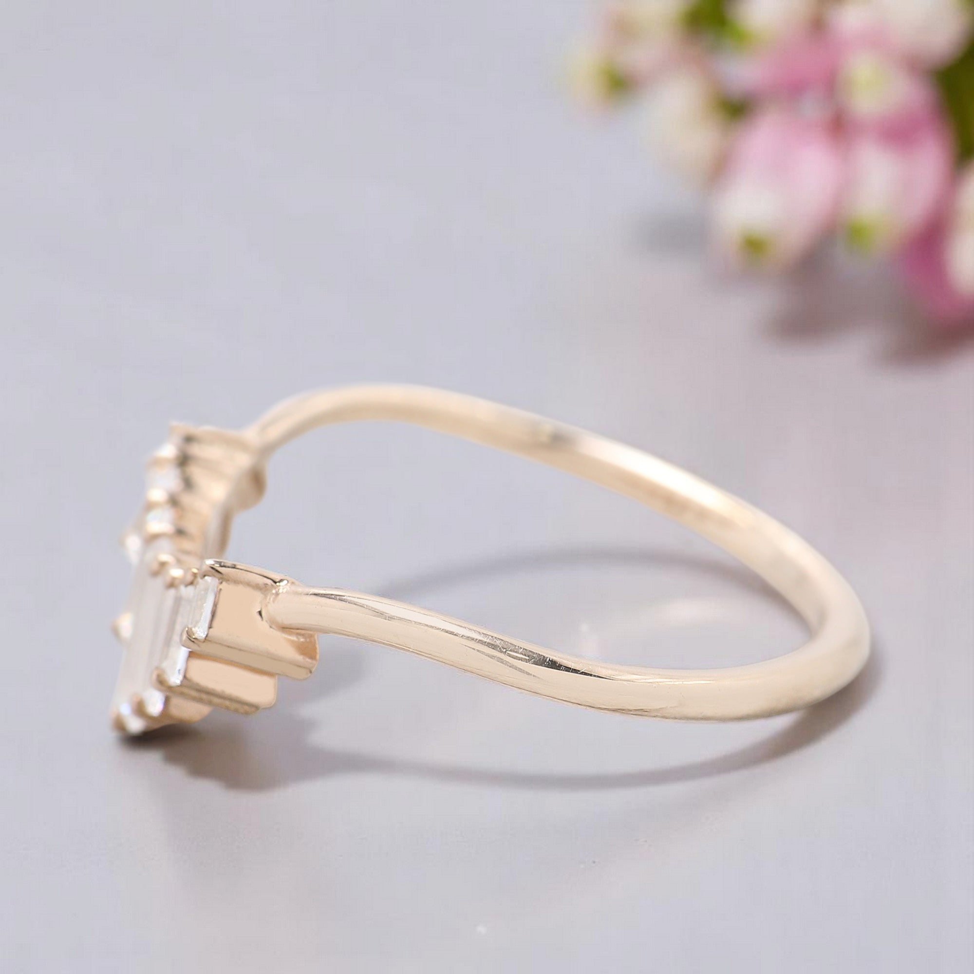 Baguette Colorless Moissanite Diamond Curved Wedding Band 14k Solid Rose/ Yellow/ White Gold 0.75 CT Diamond Band Half Eternity Band KD828