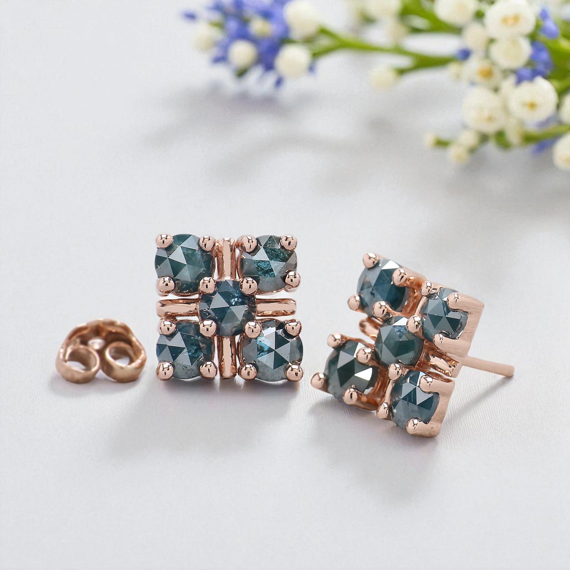 Round Rose Cut Blue Color Diamond Earring 2.03 Ct 3.90 MM Round Diamond Earring 14K Rose Gold Silver Engagement Earring Gift For Her QL2414