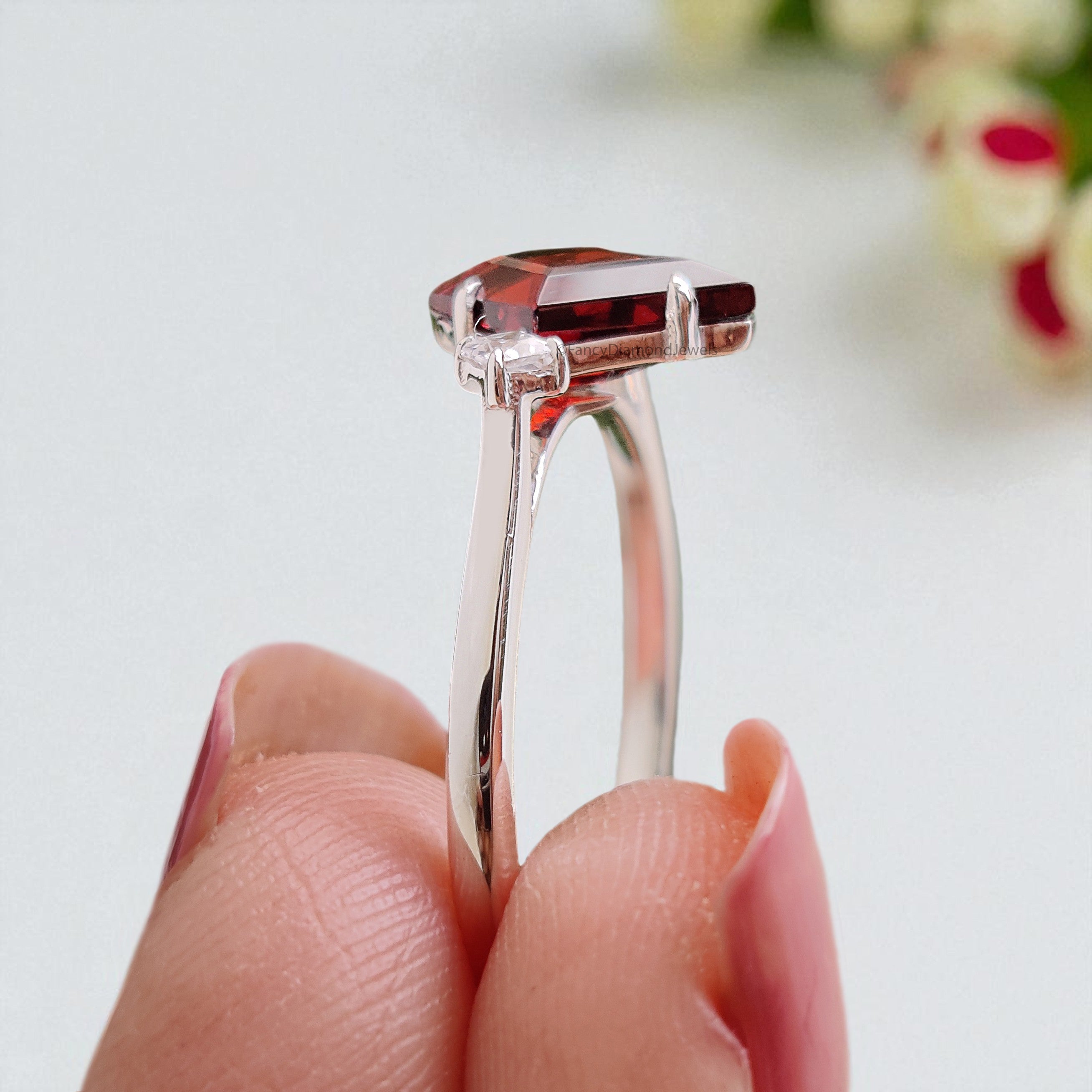 1.15 CT Natural Kite Red Garnet Engagement Ring White Gold Ring Kite Cut Diamond Wedding Ring Unique Art Deco Vintage Ring Gift For Her FD432