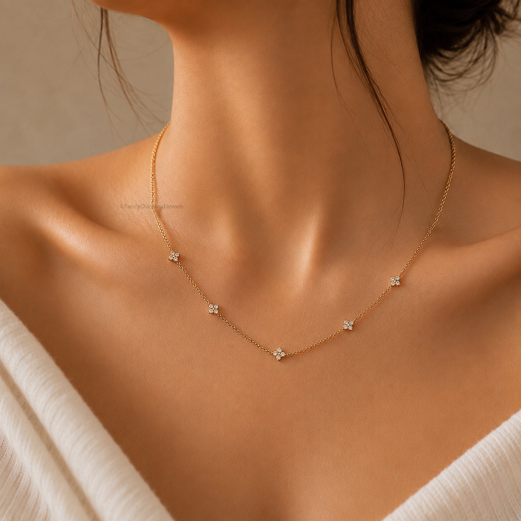 18K Gold Attached Diamond Station Necklace | Four Leaf Clover Star Necklace | Dainty or Large Diamond Chain | Everyday Fine Jewelry FD569