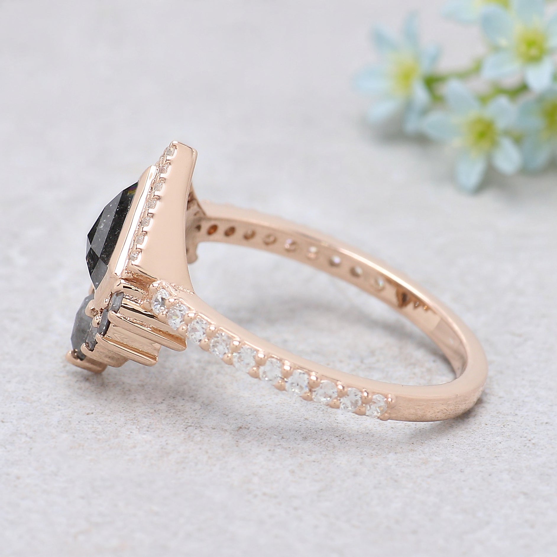 0.90 Ct Natural Shield Shape Salt And Pepper Diamond Ring 5.55 MM Shield Cut Diamond Ring 14K Solid Rose Gold Silver Engagement Ring KDN767