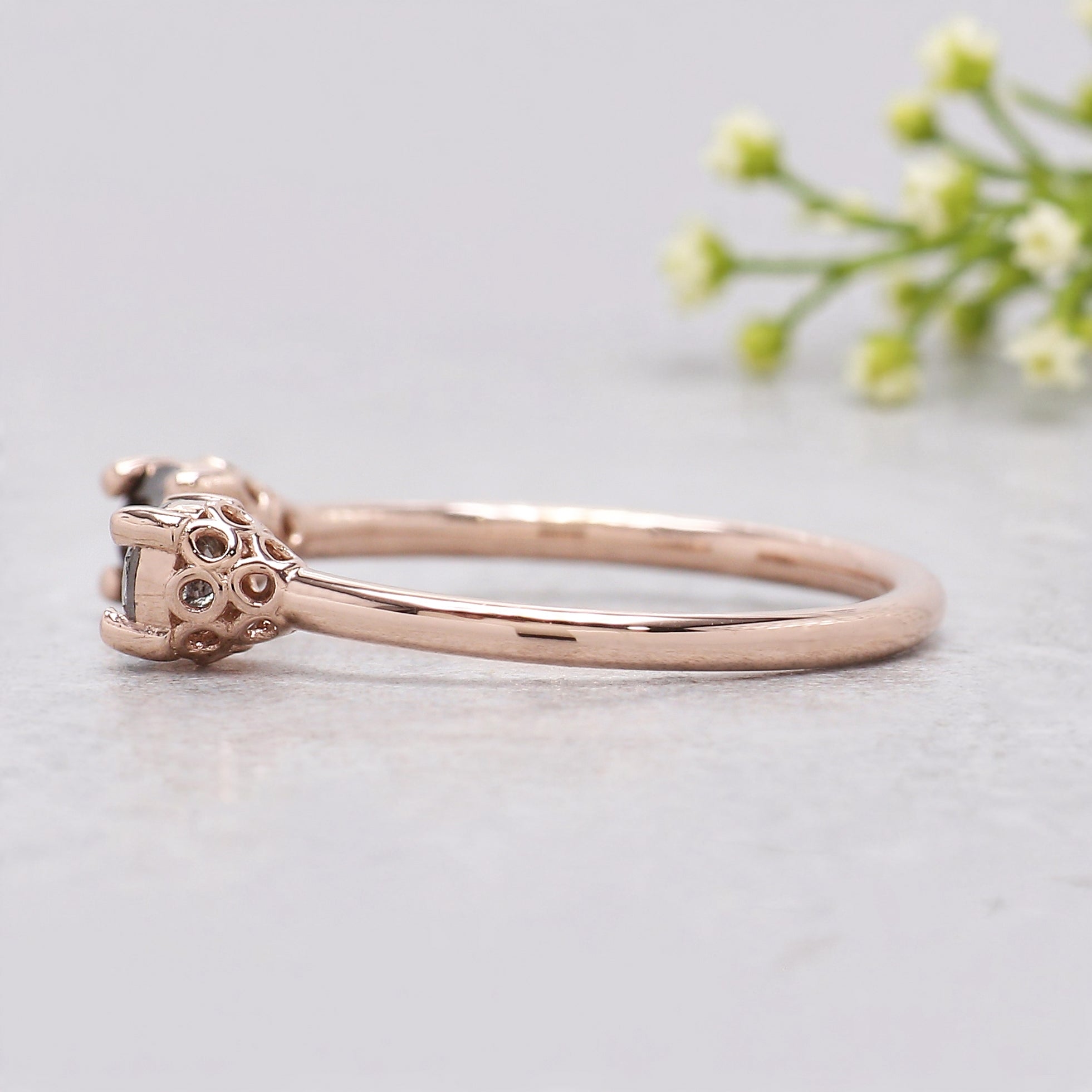 0.40 Ct Natural Round Salt And Pepper Diamond Ring 3.70 MM Open Gap Round Diamond Ring 14K Solid Rose Gold Silver Engagement Ring KDL1062