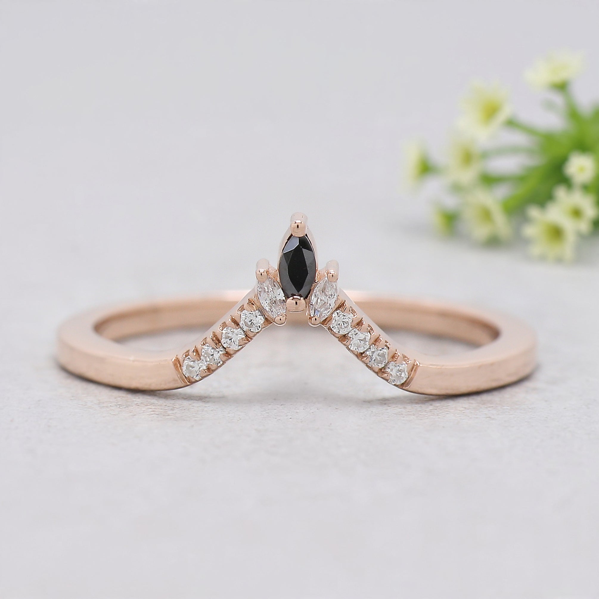Pear Cut Salt and Pepper Diamond Ring, 14K Rose Gold Pear Engagement Ring, Bridal Set, Unique Pear Shaped Diamond Ring Gift for Her KDN2098