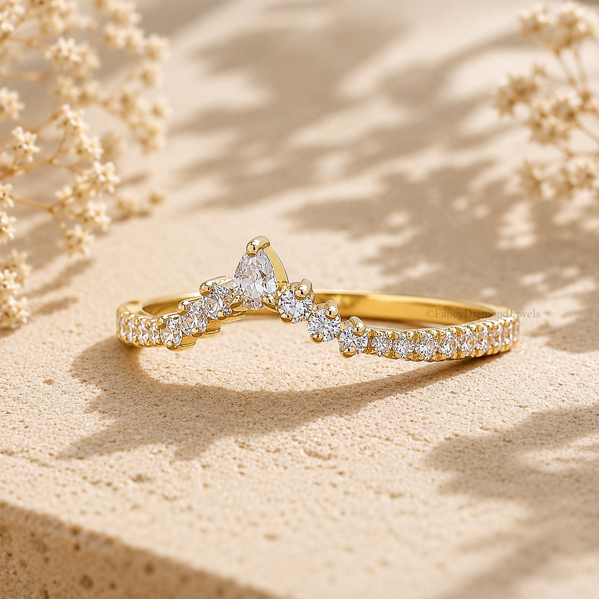 V Shaped Chevron Wedding Band, Pear and Round Lab Grown Diamond Band, Half Eternity Stackable Band, Curved Band, Anniversary Gifts FD582