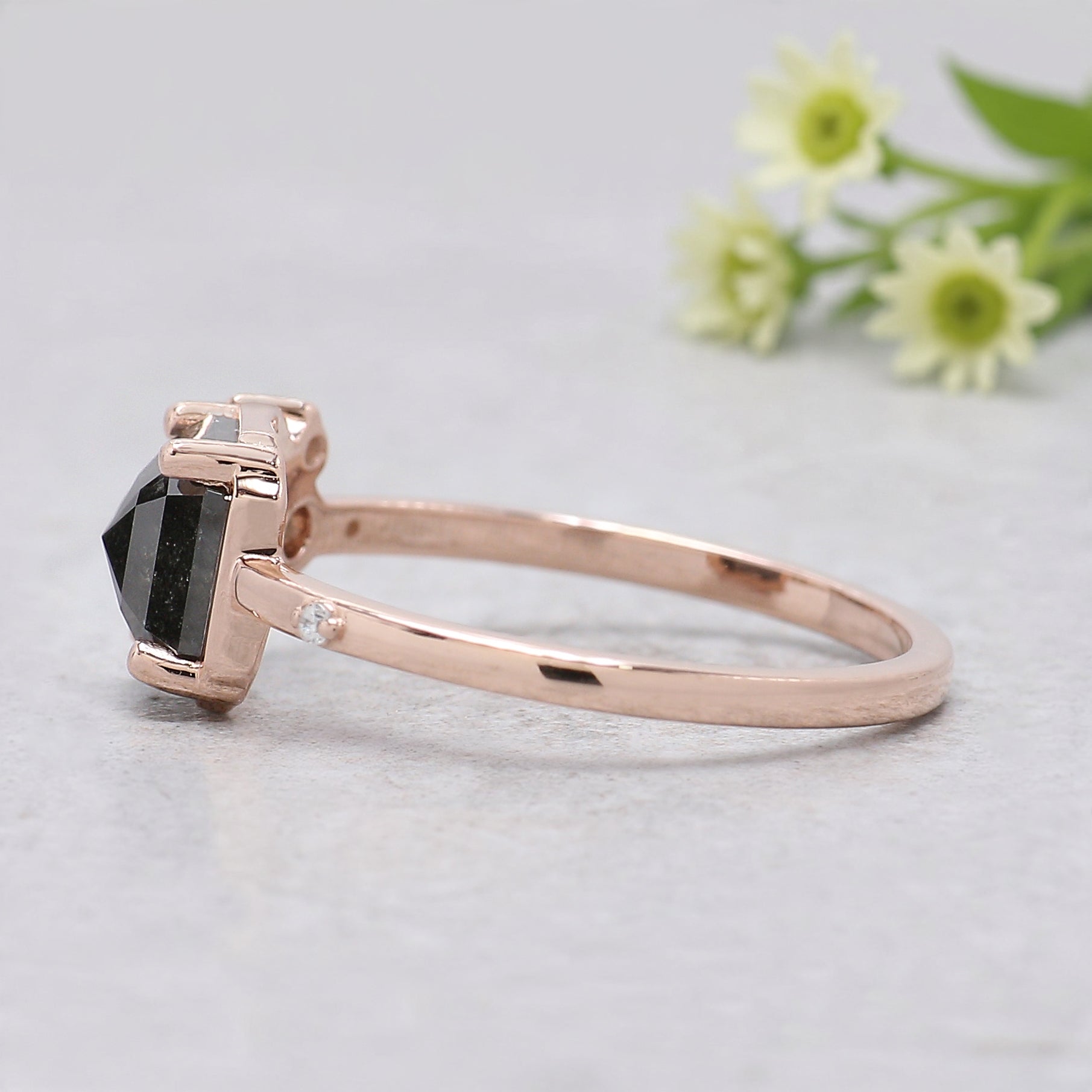 Emerald Shape Salt and Pepper Diamond Ring, Rose Gold Engagement Ring, Unique Bridal Ring, Minimalist Promise Ring Gift for Her KDK1942
