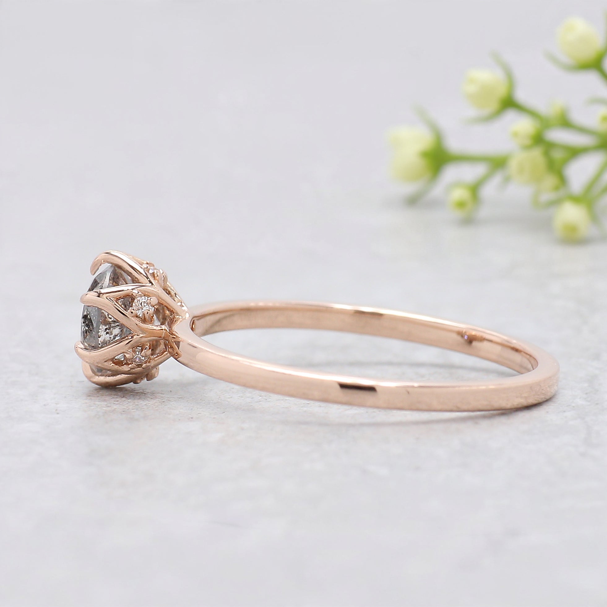 0.65 Ct Natural Round Shape Salt And Pepper Diamond Ring 5.37 MM Round Cut Diamond Ring 14K Solid Rose Gold Silver Engagement Ring KDL3486