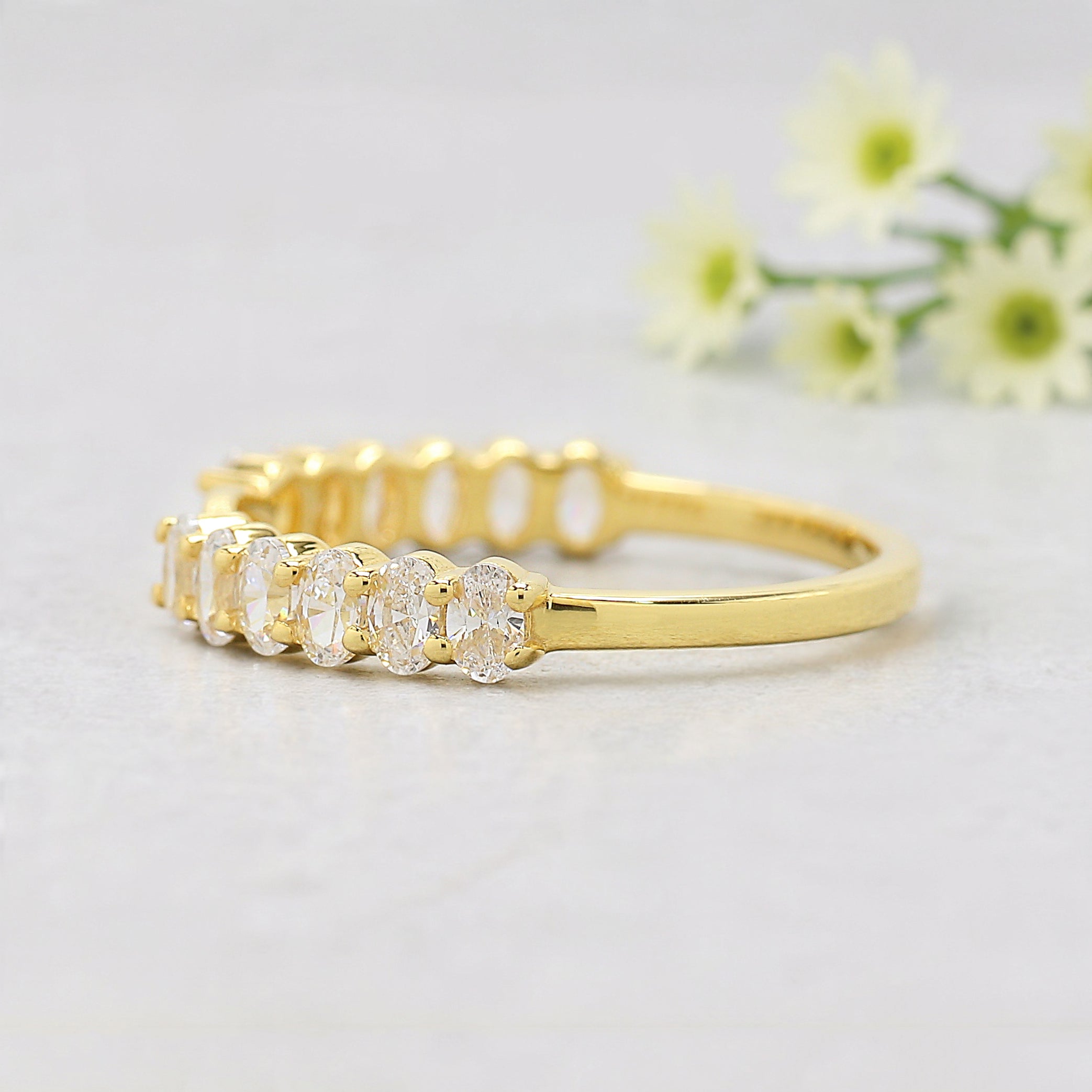 Oval Cut Diamond Wedding Band Yellow Gold Unique Half Eternity Wedding Band Vintage Notched Stacking Matching Bridal Gift For Her FD526