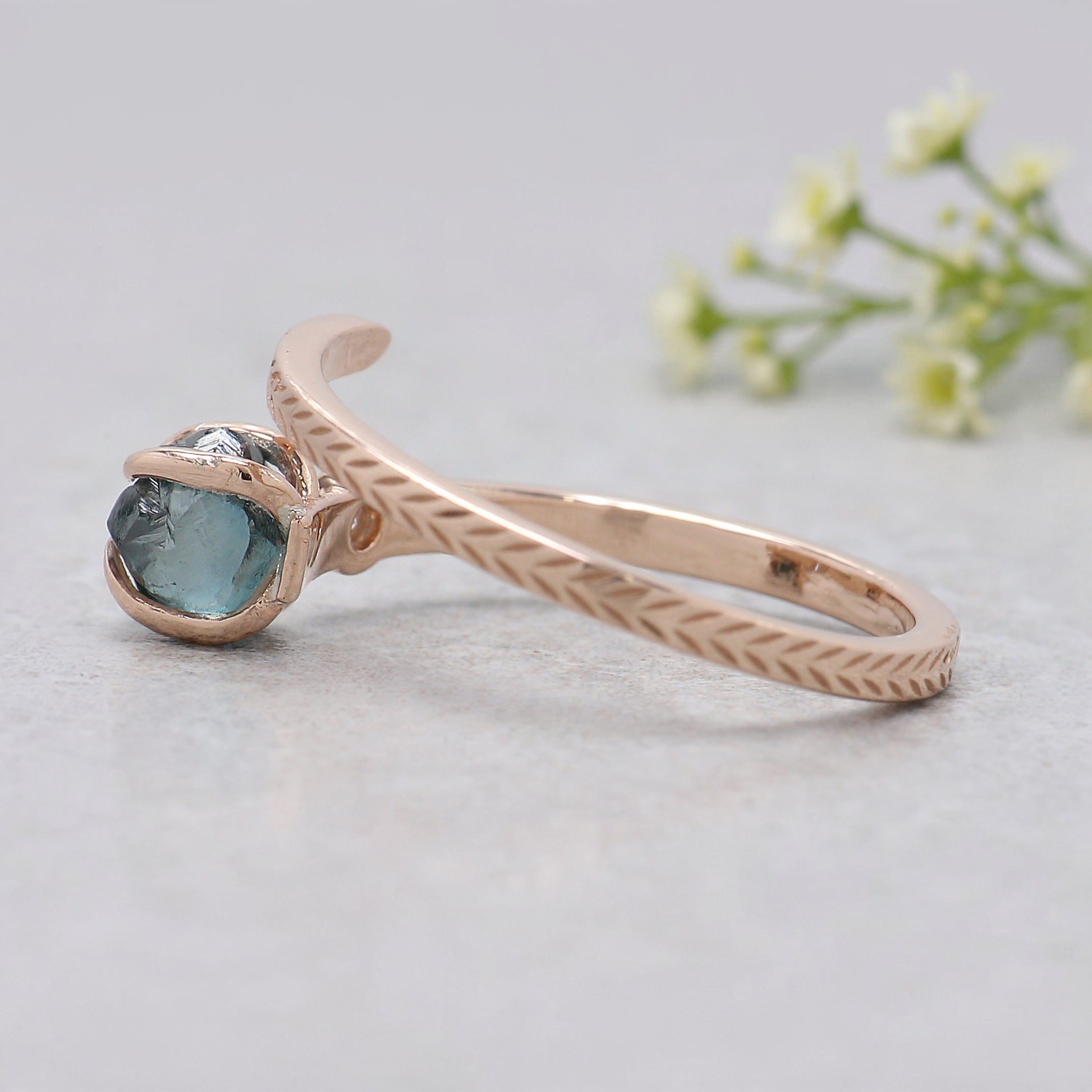 0.97 Ct Natural Rough Cut Blue Color Diamond Ring 5.63 MM Crystal Rough Diamond Ring 14K Solid Rose Gold Silver Engagement Ring KDL2347