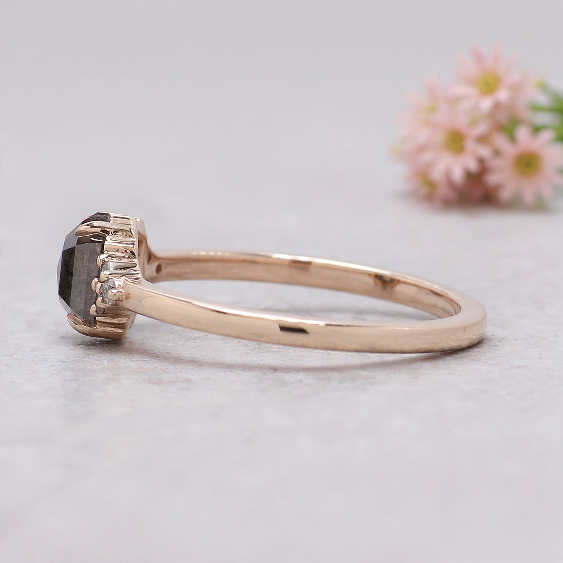 Hexagon Salt and Pepper Diamond Ring, Unique Diamond Engagement Ring, 14K Rose Gold Minimalist Ring, Rustic Bridal Ring, Gift for Her KDL276