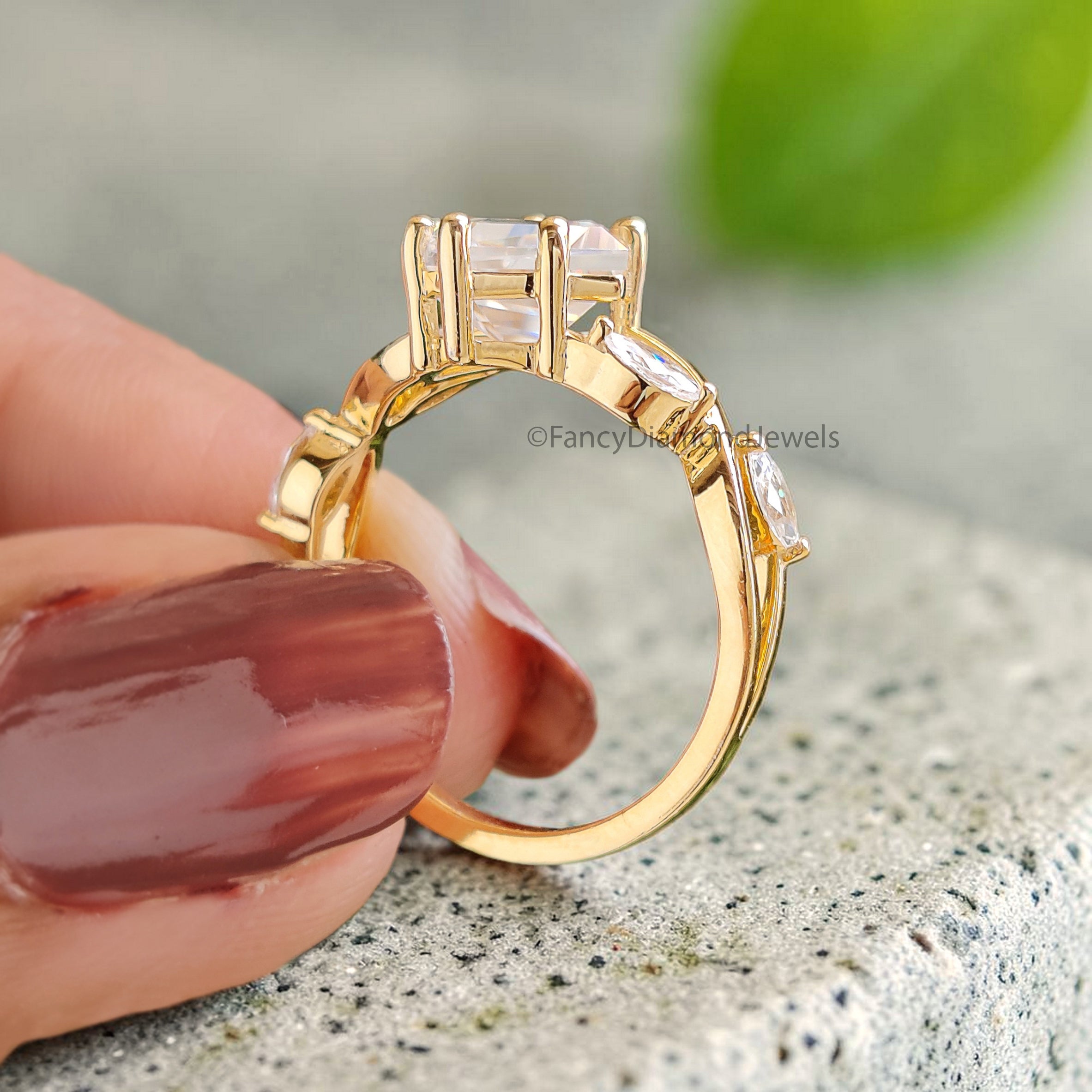 Kite Moissanite Engagement Ring, 14K Yellow Gold Ring, Marquise Cluster Side Stones, Vintage Inspired Bridal Ring, Unique Wedding Ring FD550