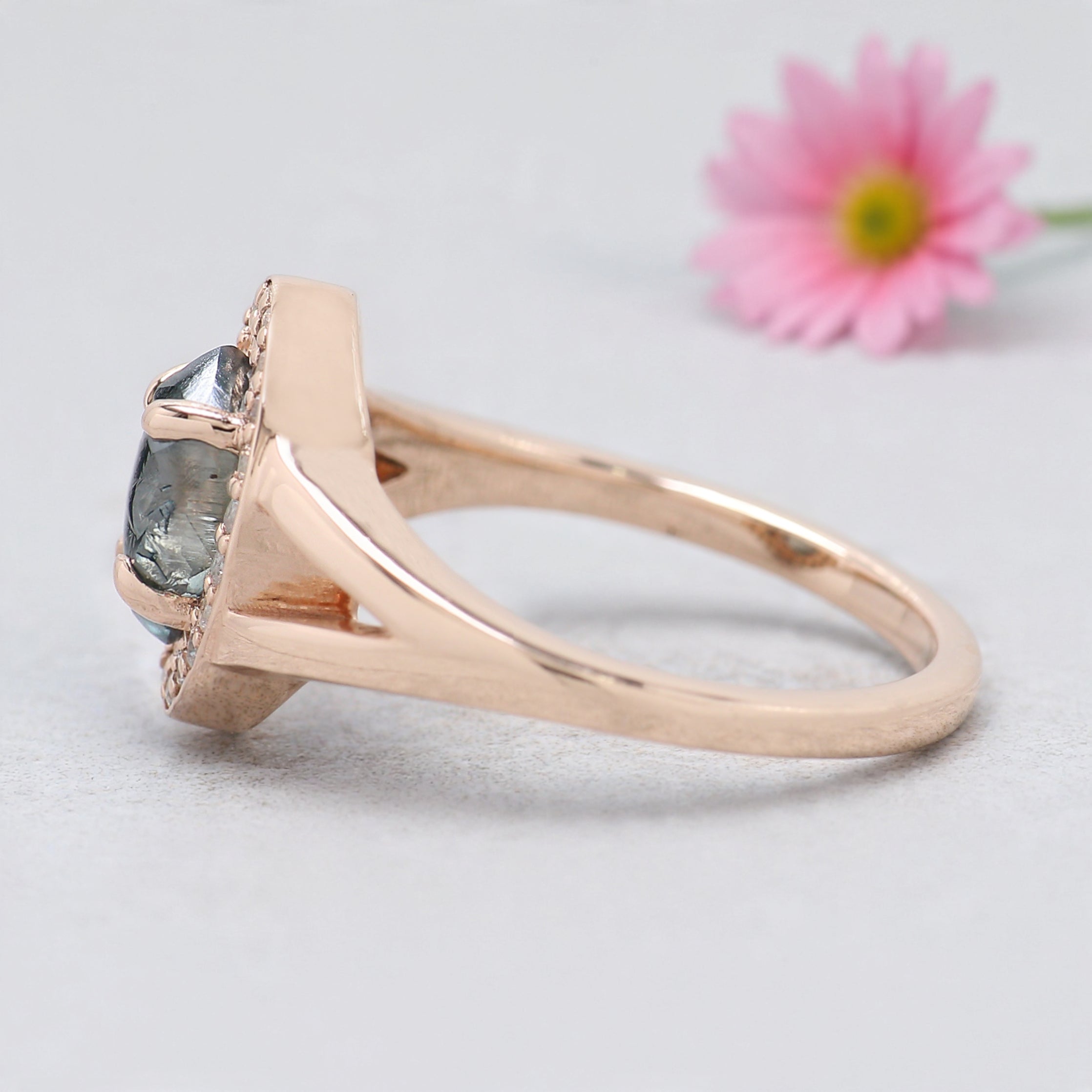 Rough Blue Color Diamond Ring 1.40 Ct 8.04 MM Crystal Rough Diamond Ring 14K Solid Rose Gold Silver Engagement Ring Gift For Her QL2295