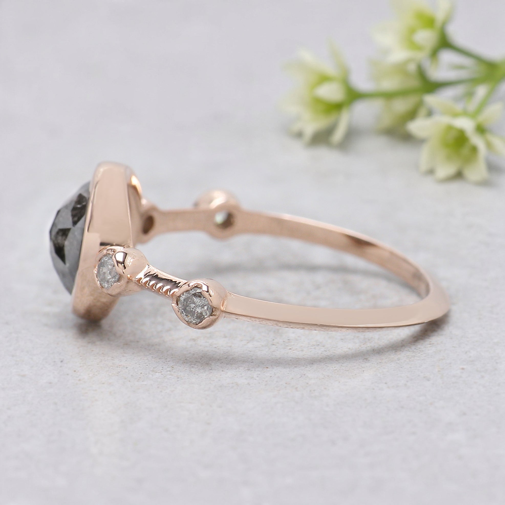 Round Rose Cut Salt And Pepper Diamond Ring 1.23 Ct 6.80 MM Round Cut Diamond Ring 14K Rose Gold Silver Engagement Ring Gift For Her KDL1167