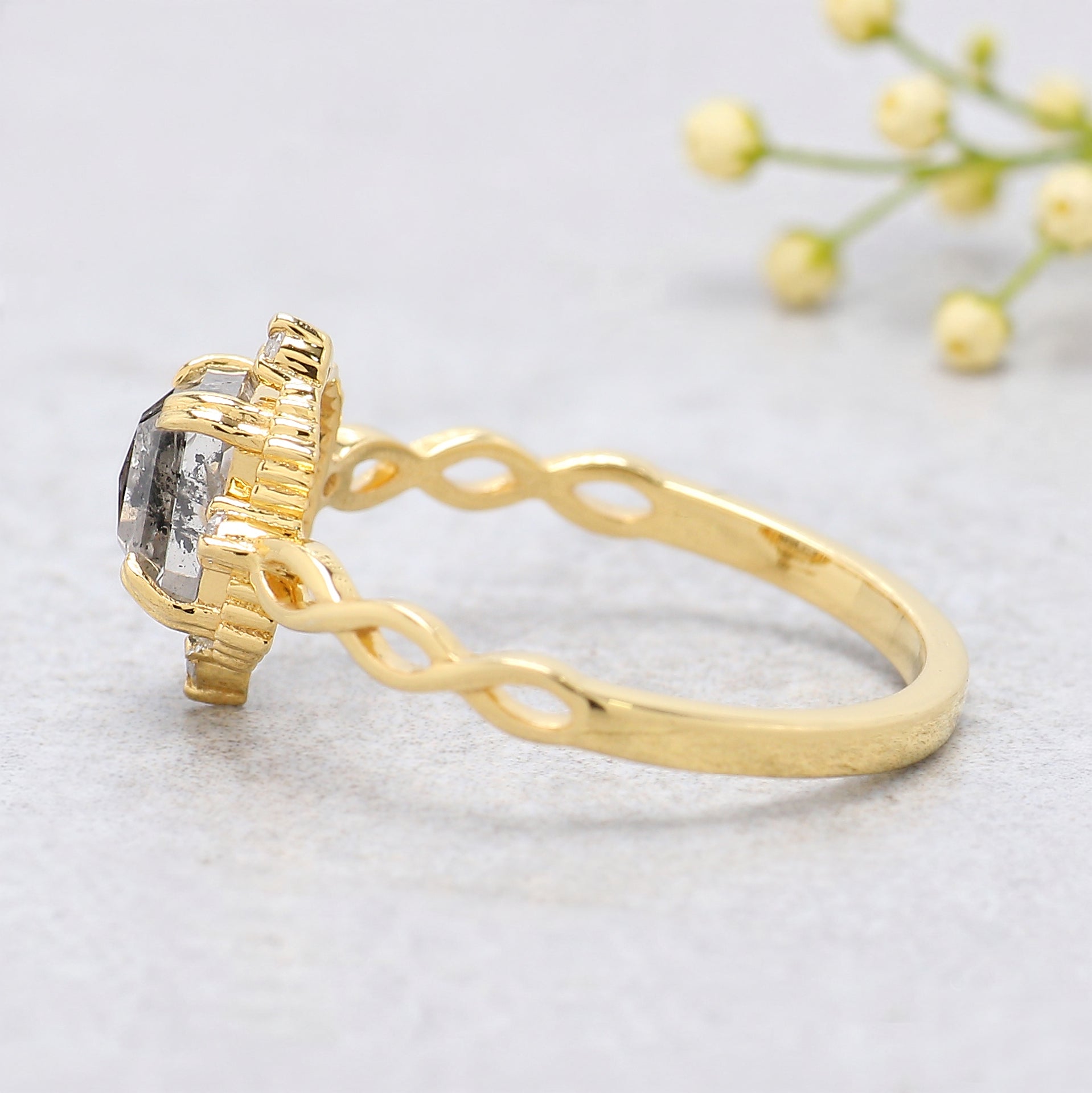 Emerald Salt And Pepper Diamond Ring 0.94 Ct 5.88 MM Emerald Diamond Ring 14K Solid Yellow Gold Silver Engagement Ring Gift For Her KDL9559