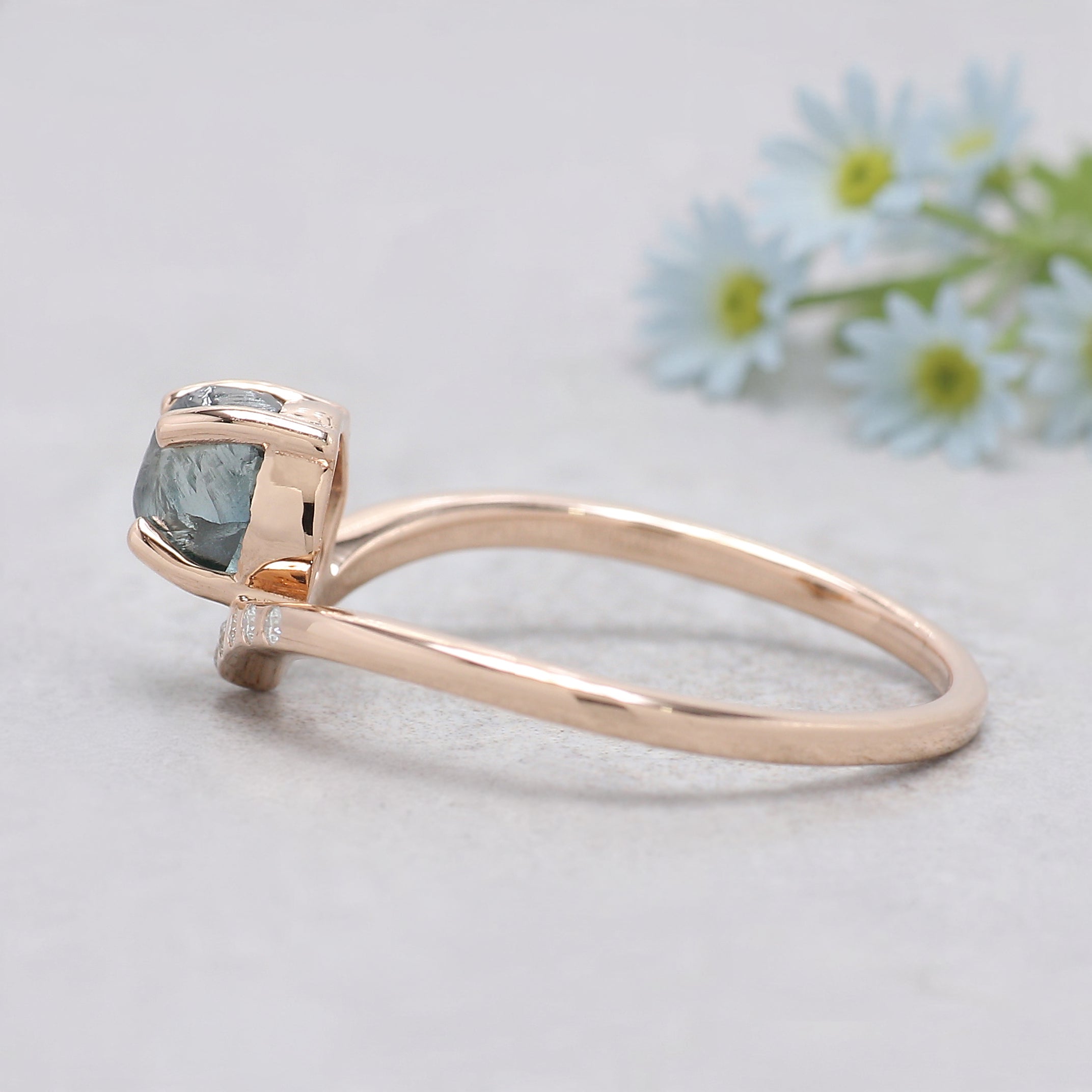 0.97 Ct Natural Rough Cut Blue Color Diamond Ring 5.65 MM Crystal Rough Diamond Ring 14K Solid Rose Gold Silver Engagement Ring QL2347
