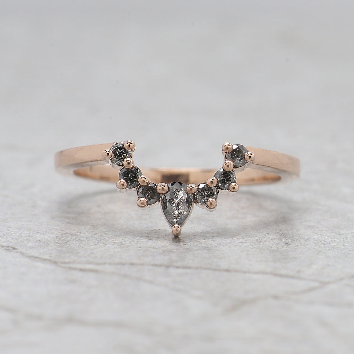 Coffin Shape Salt and Pepper Diamond Ring, 14K Rose Gold Coffin Engagement Ring, Bridal Ring Set, Unique Diamond Ring Gift for Her KDL3677