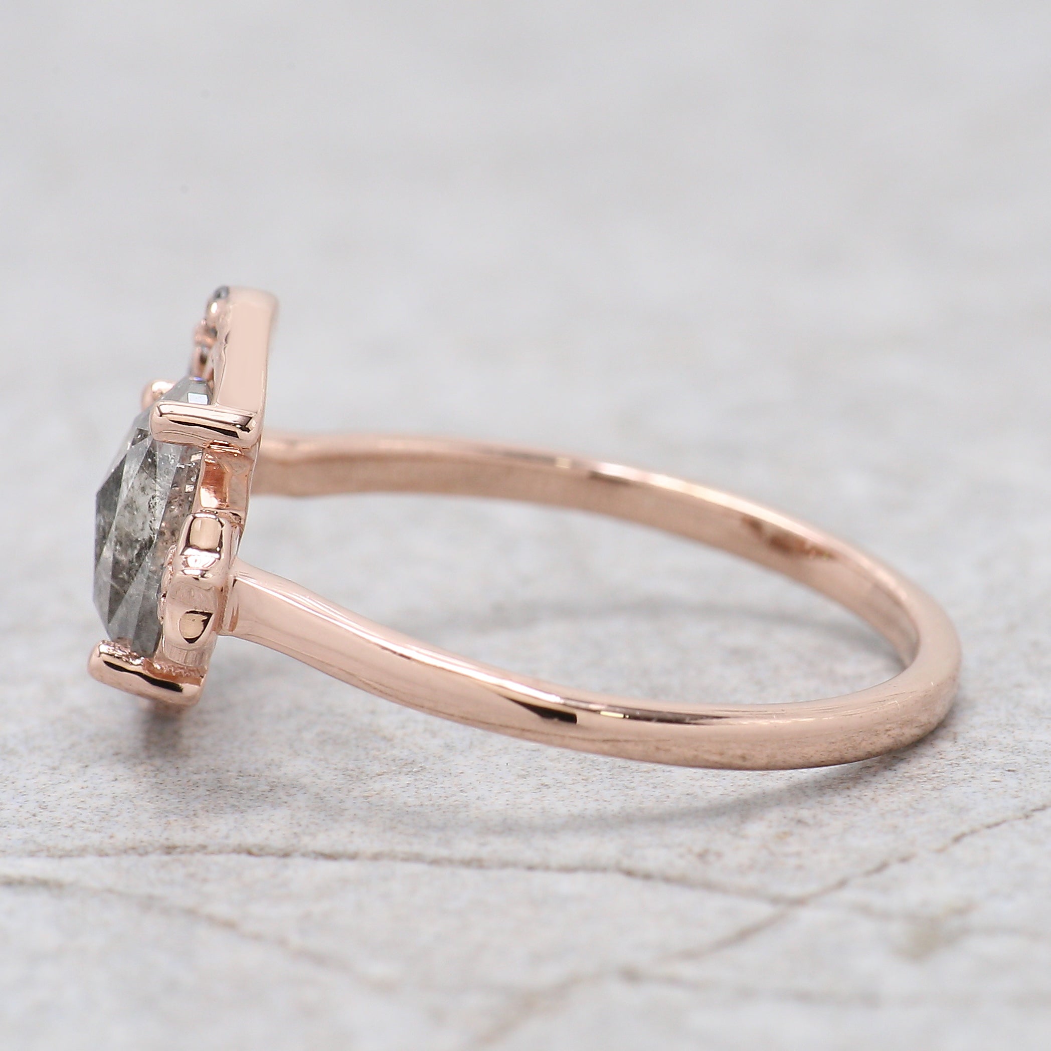 Half Moon Salt And Pepper Diamond Ring 0.94 Ct 7.30 MM Half Moon Diamond Ring 14K Solid Rose Gold Silver Engagement Ring Gift For Her QN725