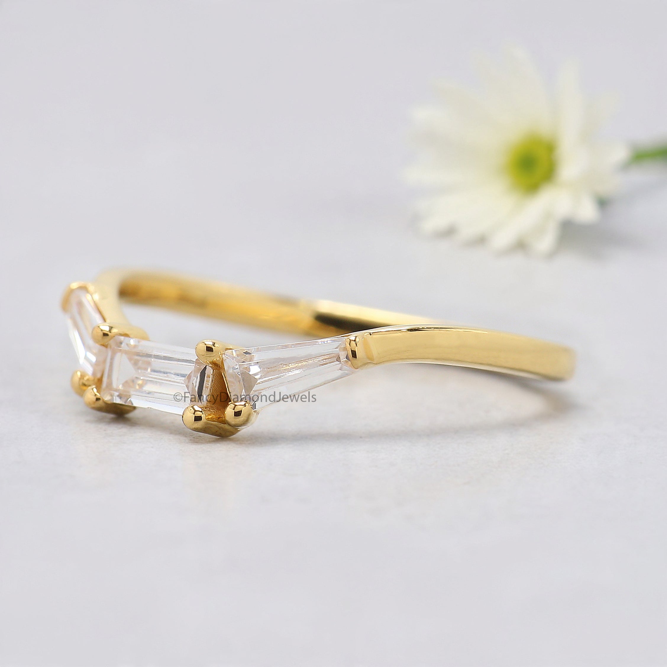 Baguette / Tapper Baguette Cut Wedding Band Yellow Gold Unique Anniversary Curved Wedding Band Vintage Stacking Matching Gift For Her FD530