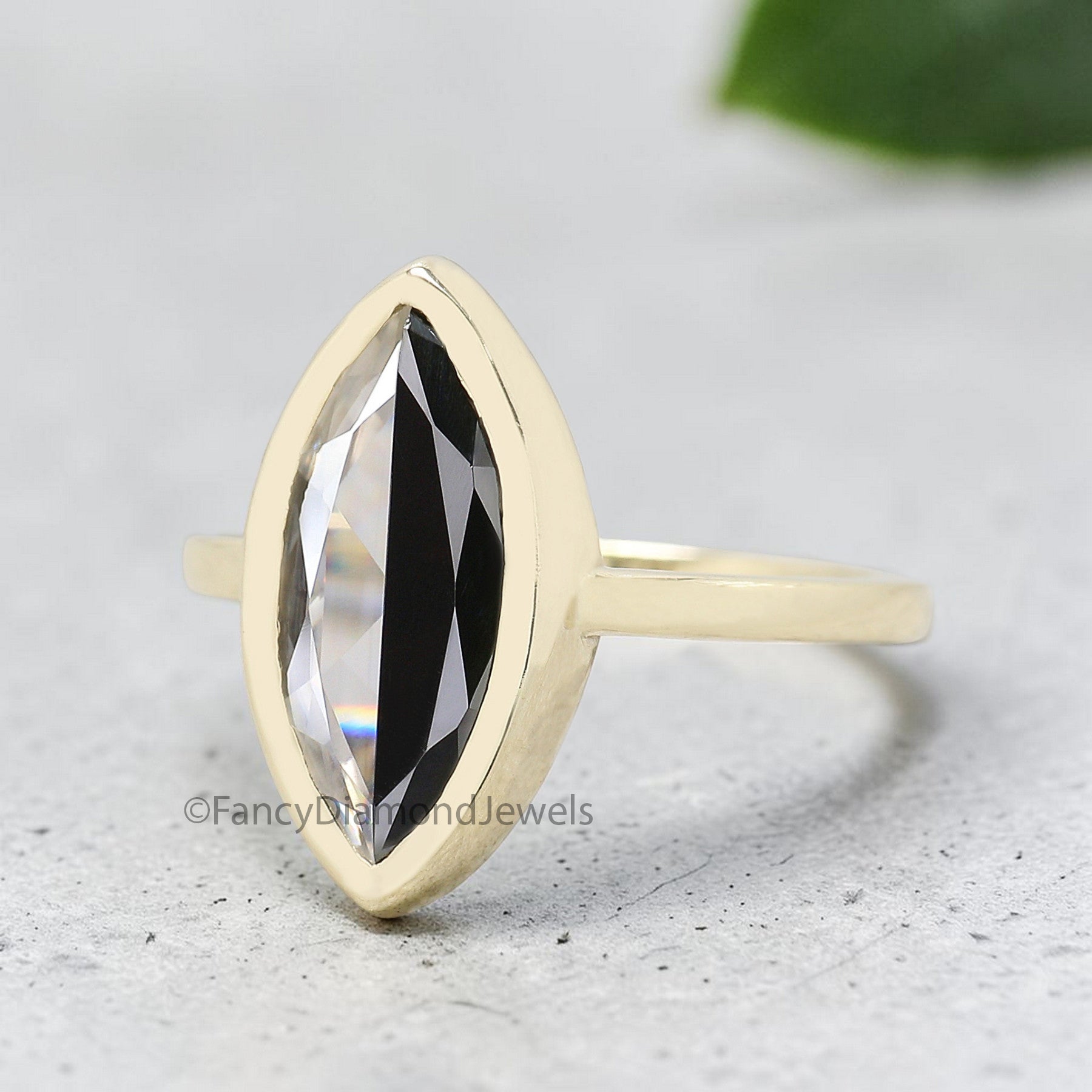 Marquise Cut Half Black White Moissanite Ring, Bezel Set Solitaire Engagement Ring, Yellow Gold Promise Ring, Minimalist Wedding Ring FD552