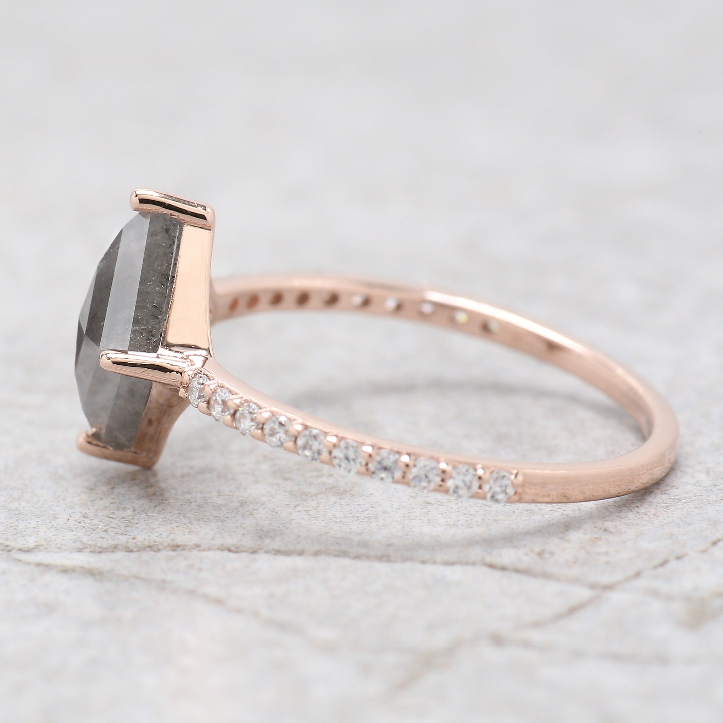 Kite Cut Salt And Pepper Diamond Ring 1.50 Ct 9.60 MM Kite Diamond Ring 14K Solid Rose Gold Silver Kite Engagement Ring Gift For Her QK2049
