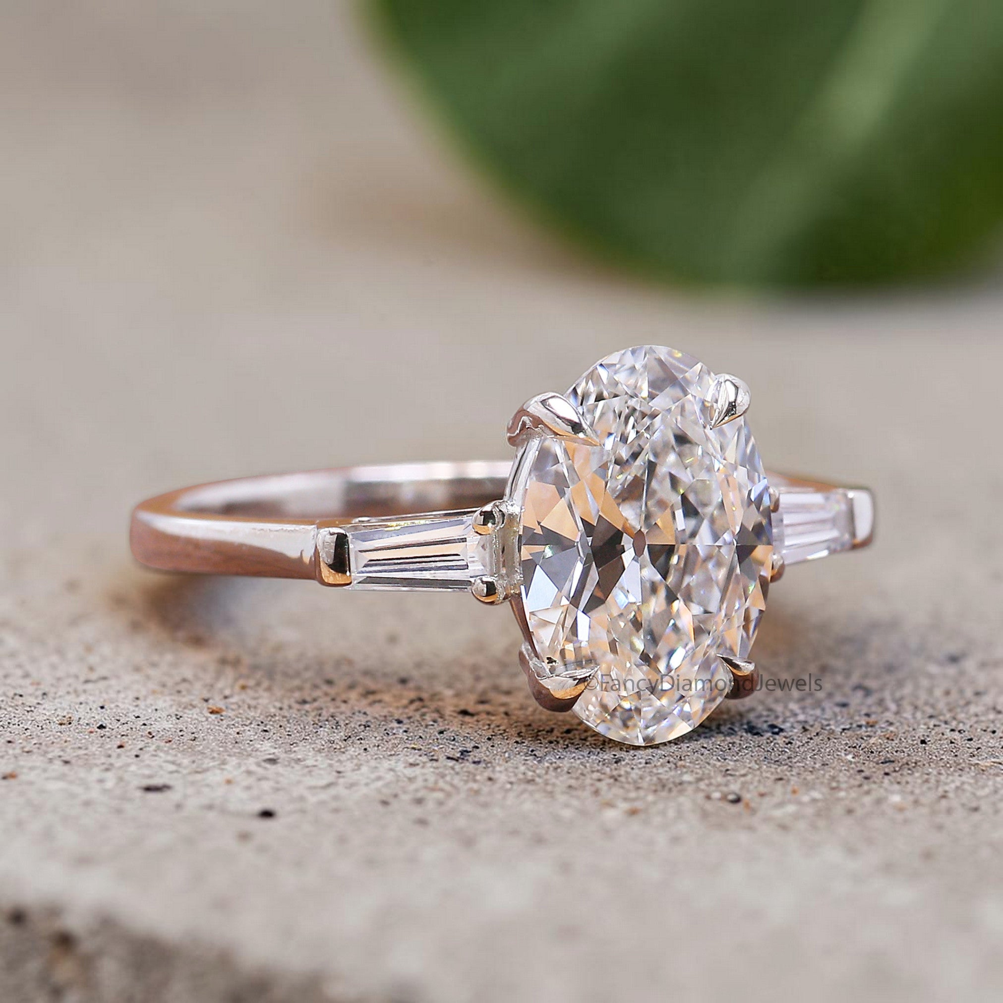 Old European Cut Oval Diamond Engagement Ring, Three Stone Oval Diamond Ring with Tapered Baguette Side Stones, Unique Bridal Ring FD554