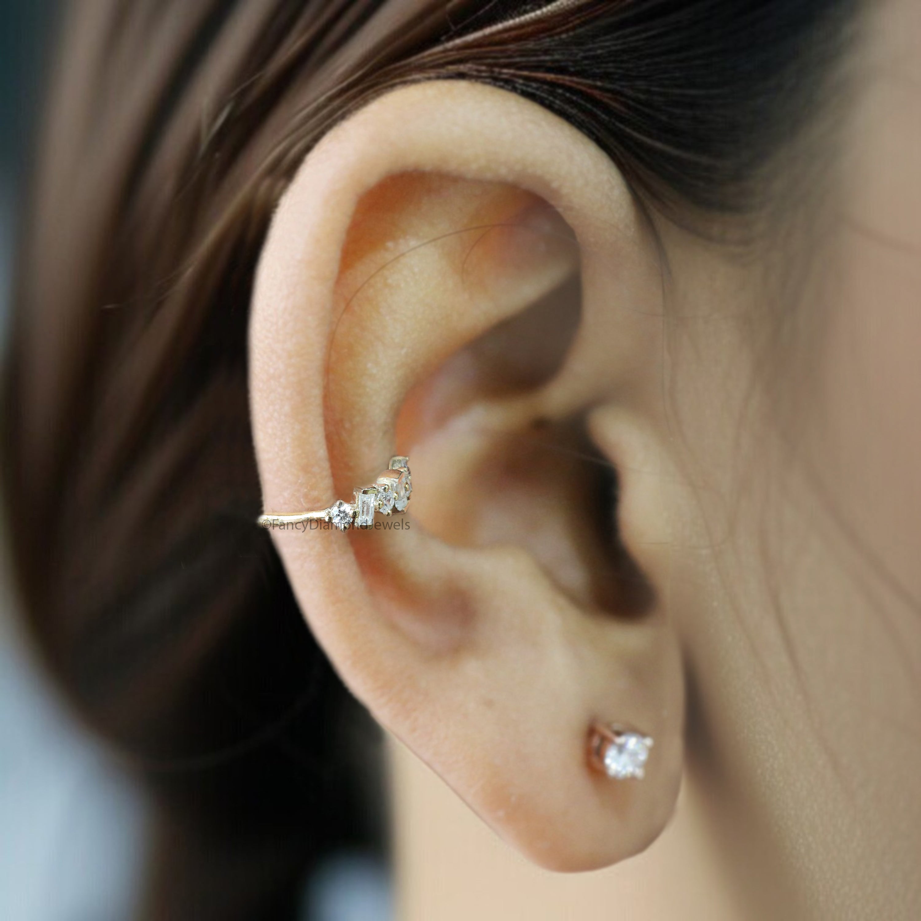Dainty Baguette & Round Brilliant Cut Colorless Moissanite Diamond Ear Cuff Conch Ear Cuff Yellow Gold Ear Wrap FD329