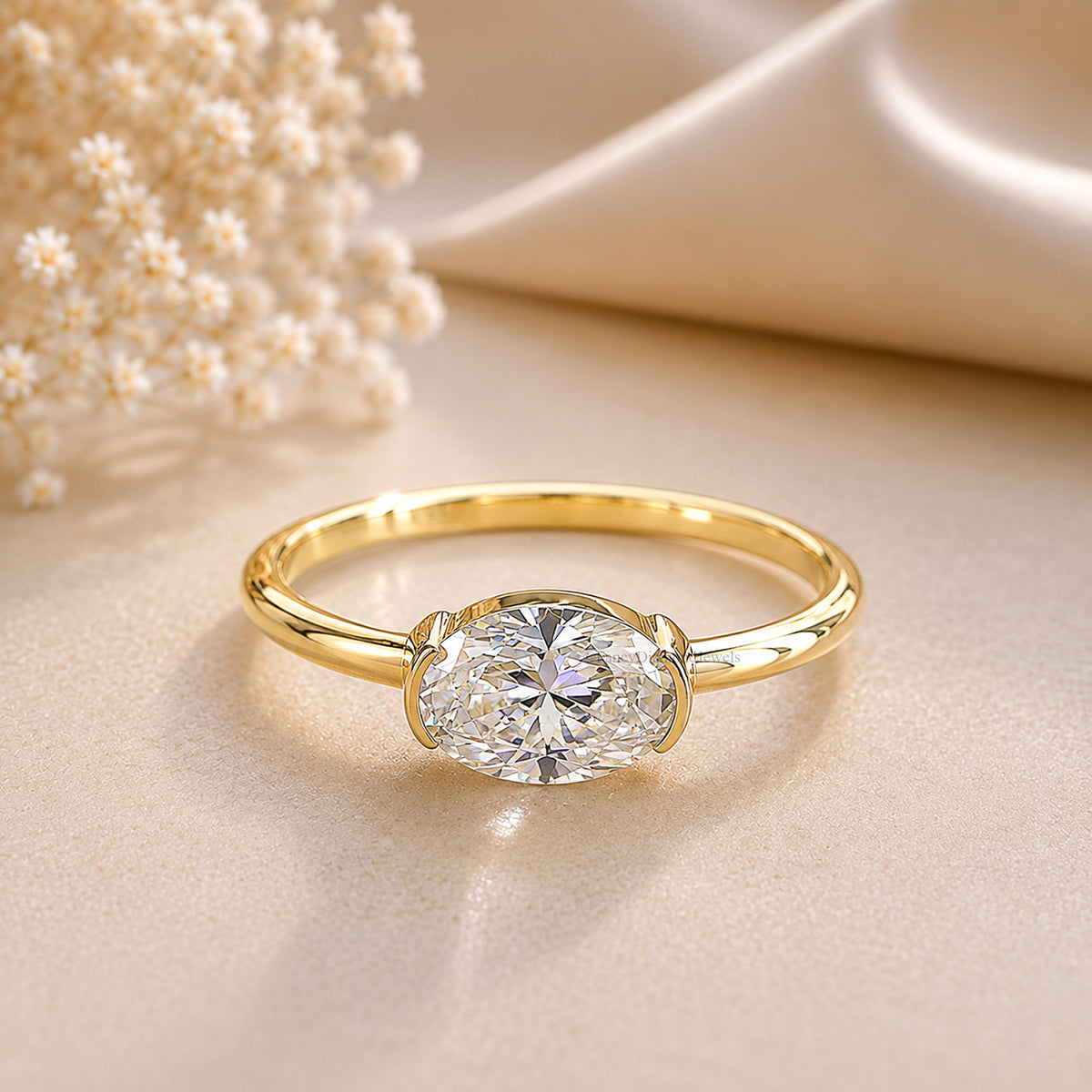 Oval Shape Lab Grown Diamond Half Bezel Ring Solid Gold, Thin Dainty Ring, Oval Diamond Pinky Ring, Minimal Wedding Band Gift For Her FD564
