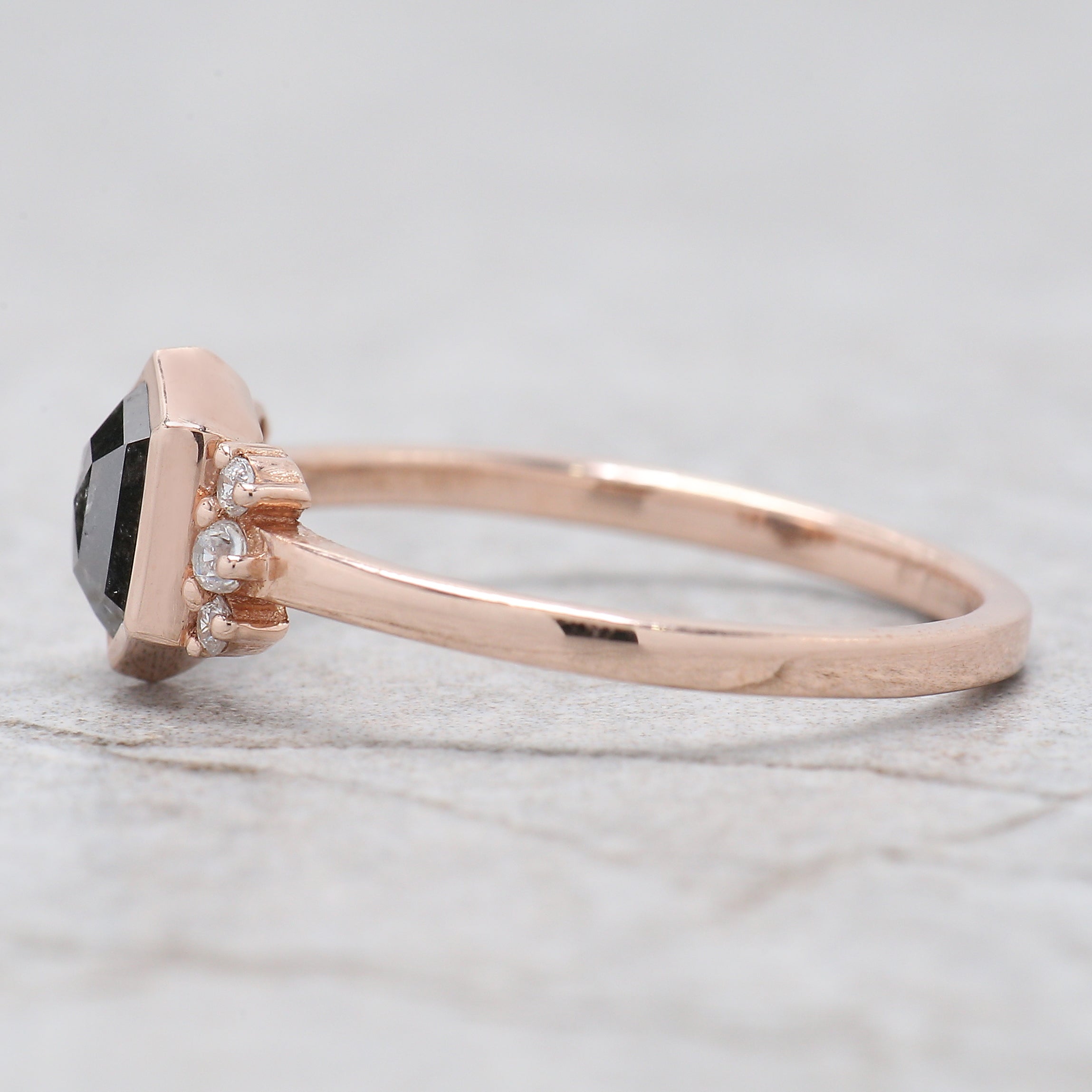 Hexagon Cut Salt And Pepper Diamond Ring 0.83 Ct 6.50 MM Hexagon Cut Diamond Ring 14K Rose Gold Silver Engagement Ring Gift For Her QL1503