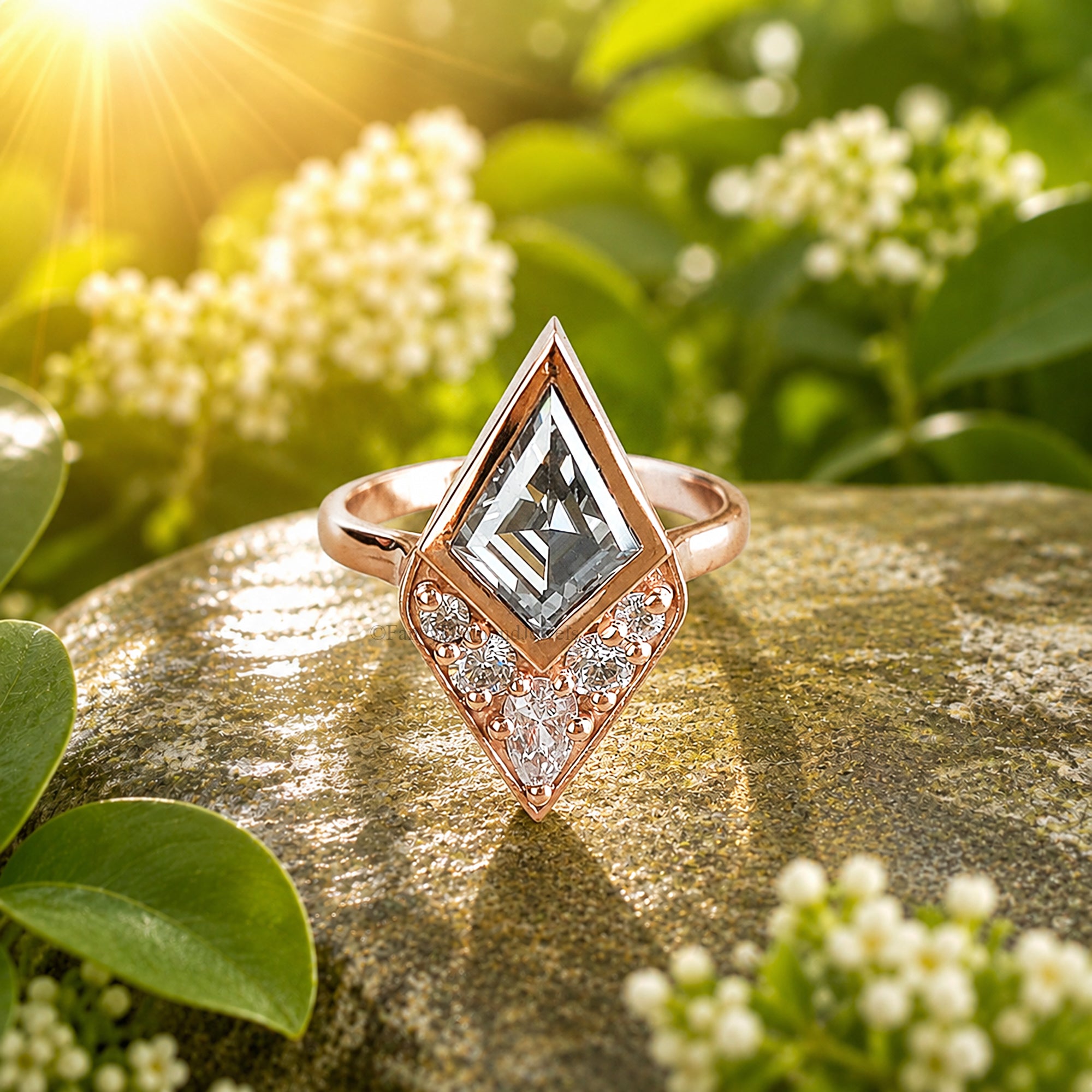 Gray Color Art Deco Ring Bezel Set Moissanite Bridal Ring Kite Shape Rose Gold Engagement Ring Gray Color Diamond Wedding Ring For Her FD576