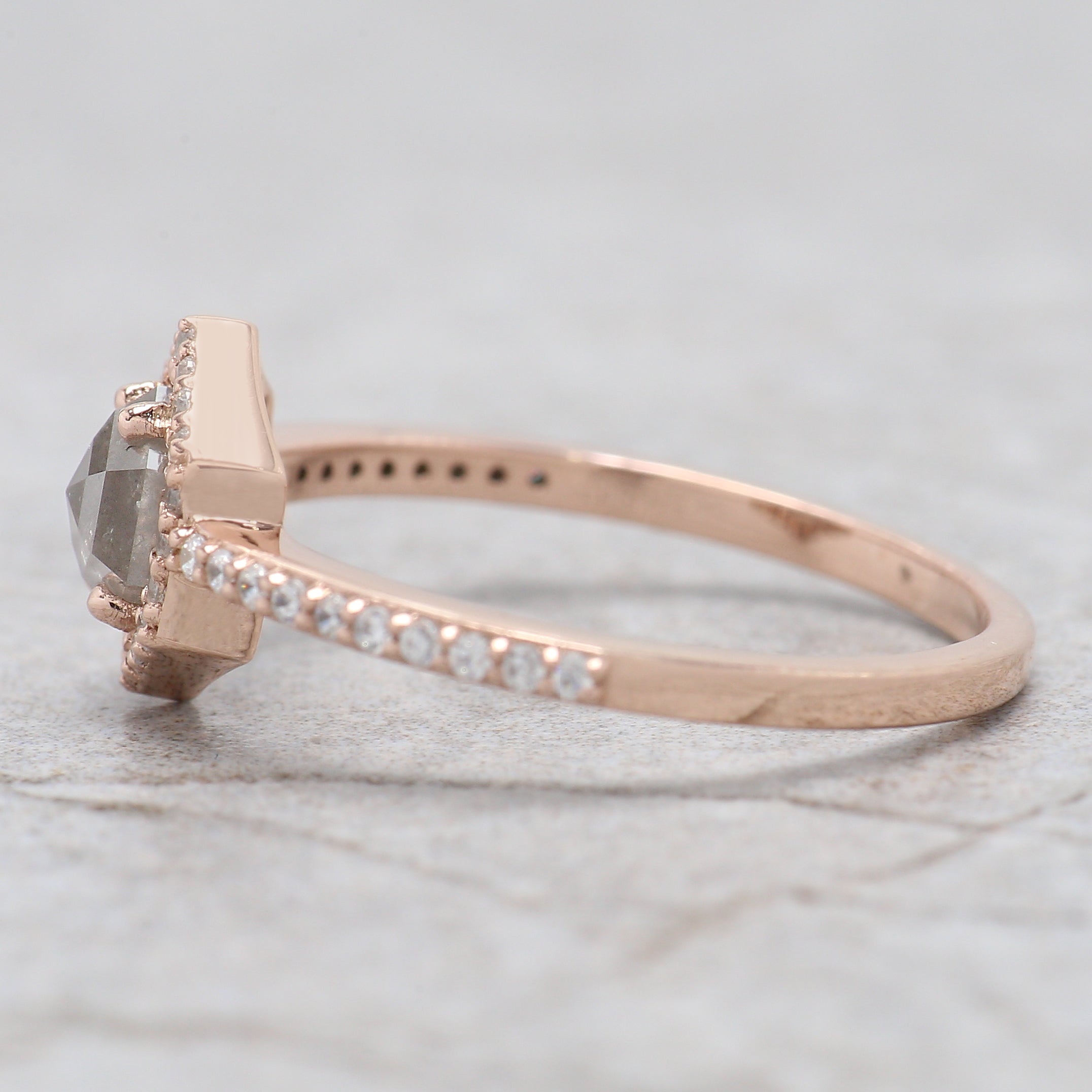 Hexagon Cut Salt And Pepper Diamond Ring 0.57 Ct 5.20 MM Hexagon Diamond Ring 14K Solid Rose Gold Silver Engagement Ring Gift For Her QL7965