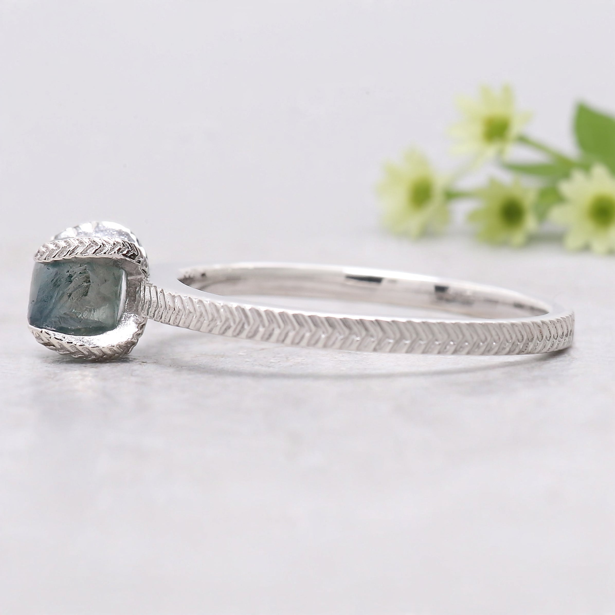 Rough Blue Color Diamond Ring 1.11 Ct 5.85 MM Crystal Rough Diamond Ring 14K Solid White Gold Silver Engagement Ring Gift For Her QL2358