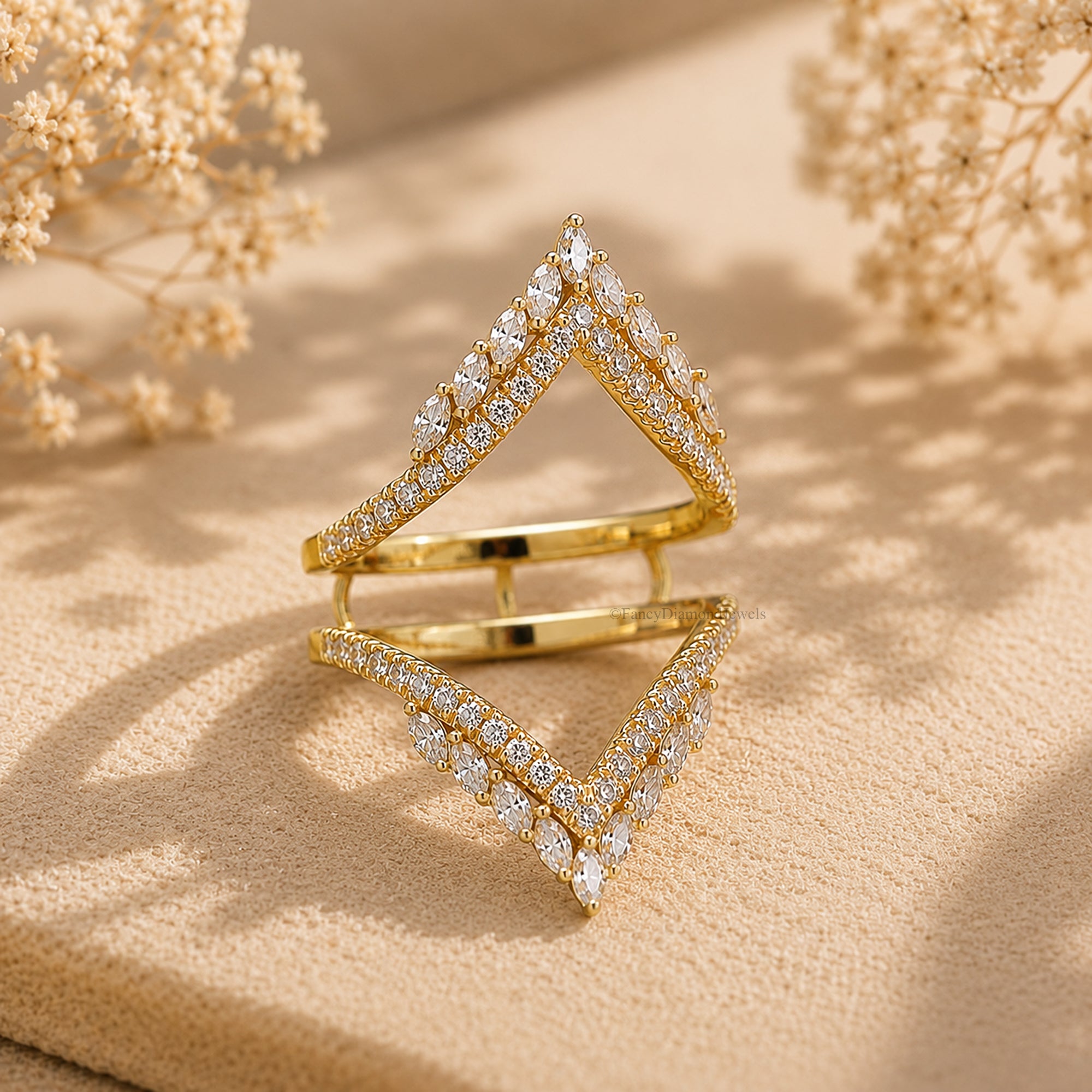V Shaped Chevron Wedding Band, Marquise and Round Lab Grown Diamond Band, Half Eternity Stackable Band, Curved Band, Anniversary Gifts FD590