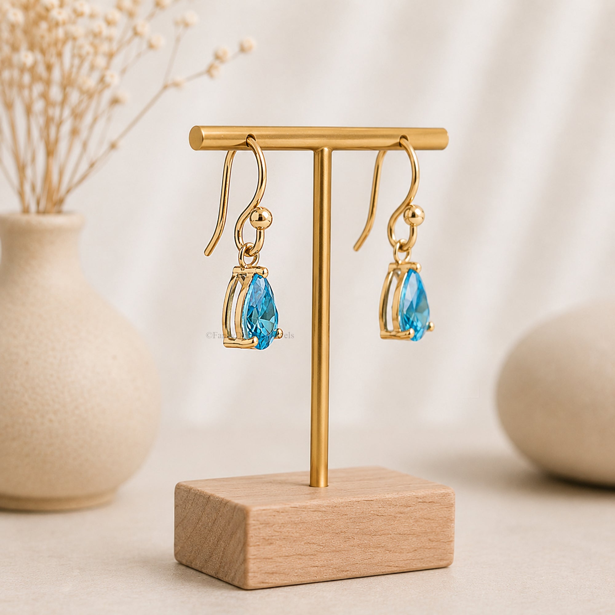 Pear Shape Topaz Blue CZ Droplet Drop Earrings in Sterling Silver, Wedding Earrings, Dainty Anniversary Gift For Her, Hook Earrings FD598