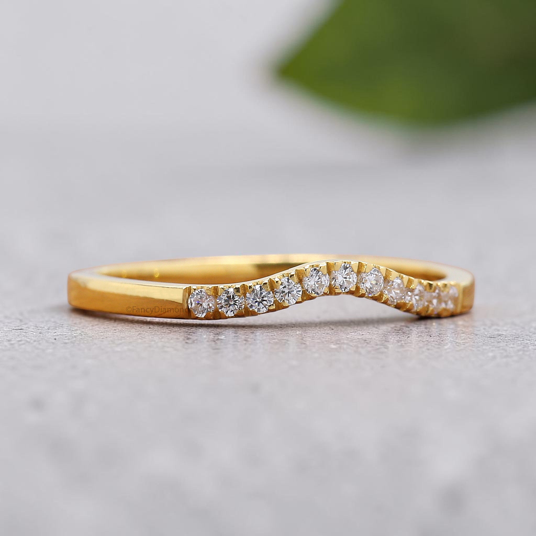 Lab Grown Diamond Band 14k Yellow Gold Curved Wedding Band For Women Pave Set Tiny Diamond Stacking Ring Minimalist Band Ring For Her FD570