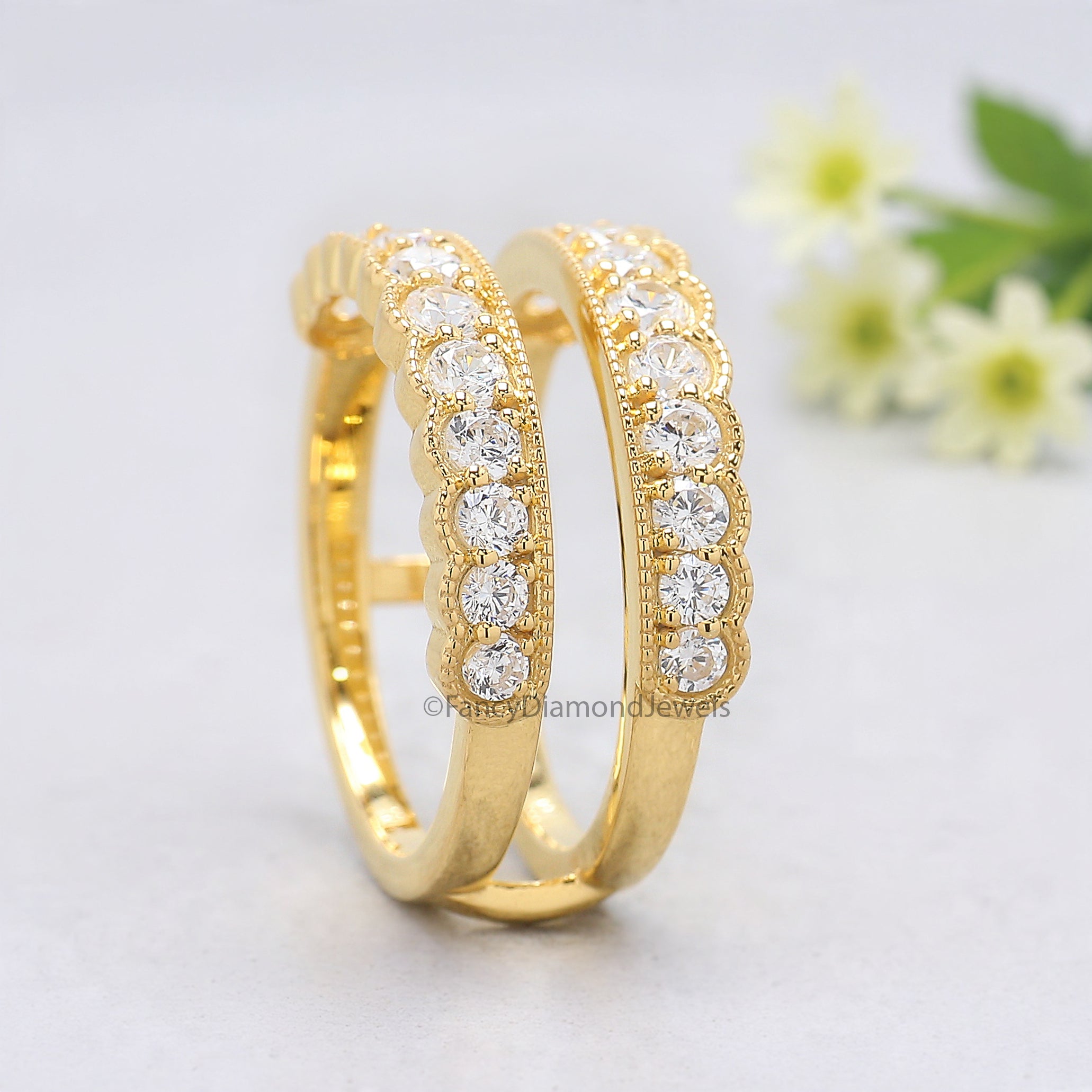 Round Cut Diamond Wedding Band Yellow Gold Unique Half Eternity Wedding Band Vintage Double Stacking Matching Bridal Gift For Her FD527