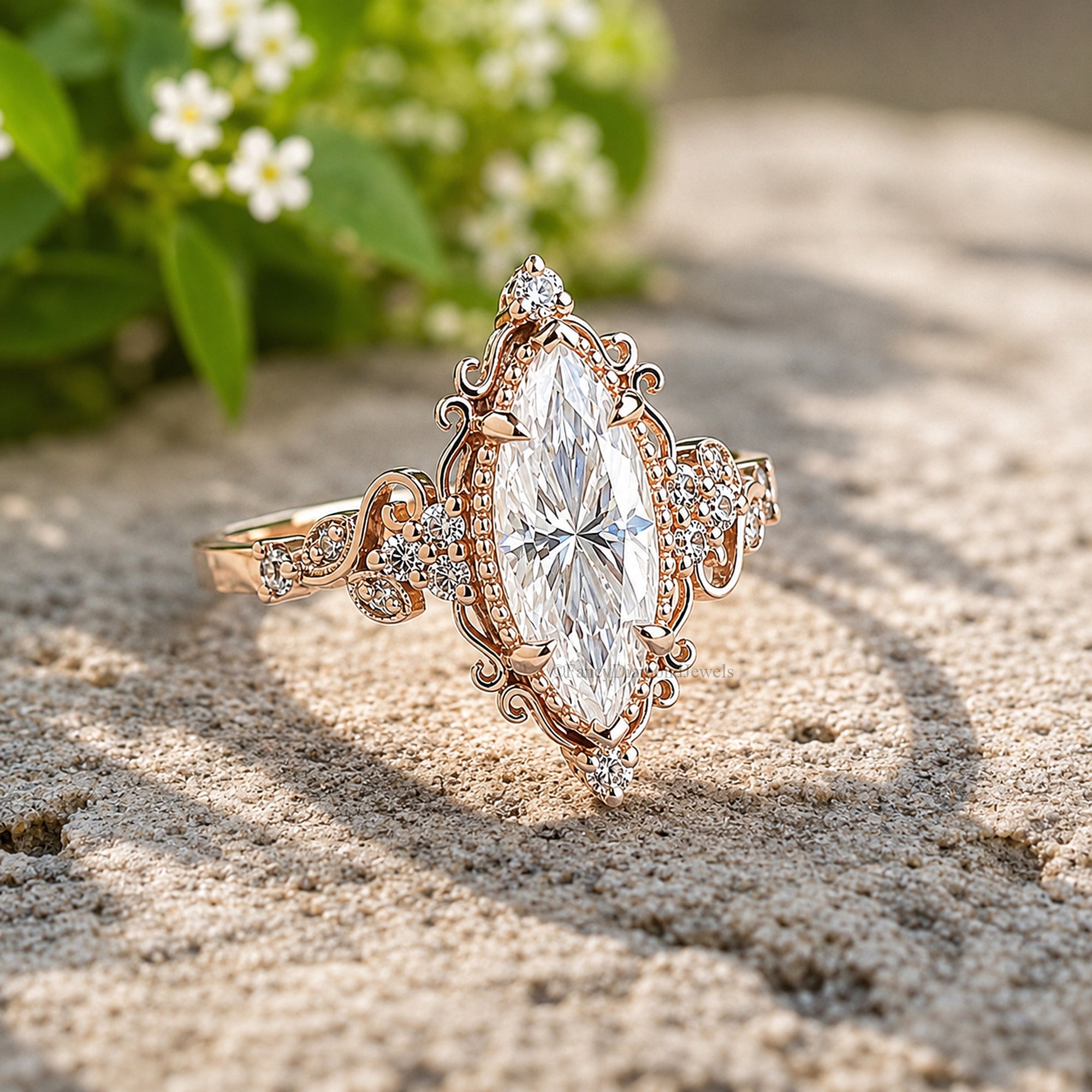 Floral Marquise Cut Moissanite Elegant Ring Nature Inspire Art Deco Engagement Ring in 14K Solid Yellow Gold Ring Unique Bridal Gift FD583