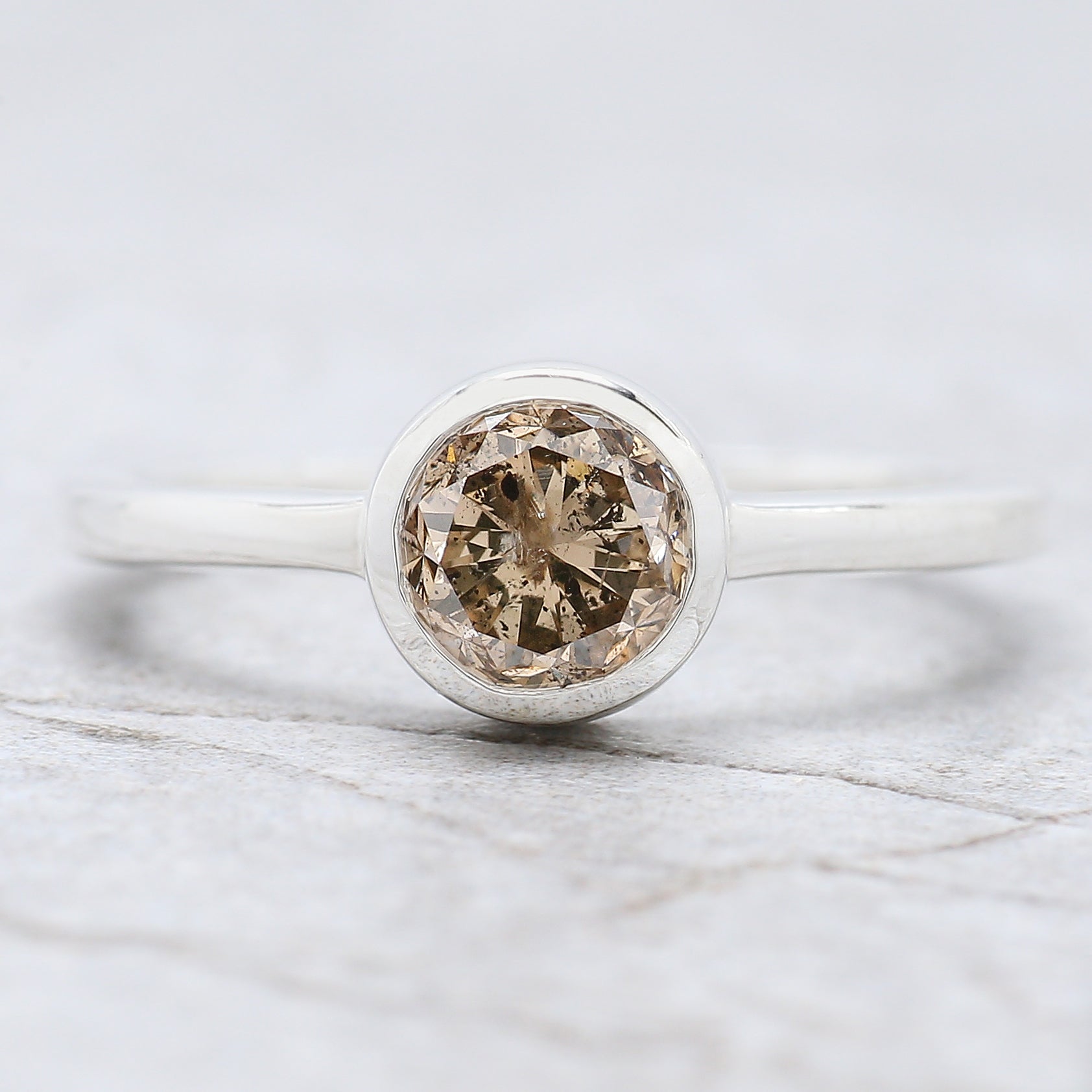 Round Cut Brown Color Diamond Ring 1.13 Ct 6.12 MM Round Shape Diamond Ring 14K Solid White Gold Silver Engagement Ring Gift For Her QL2599