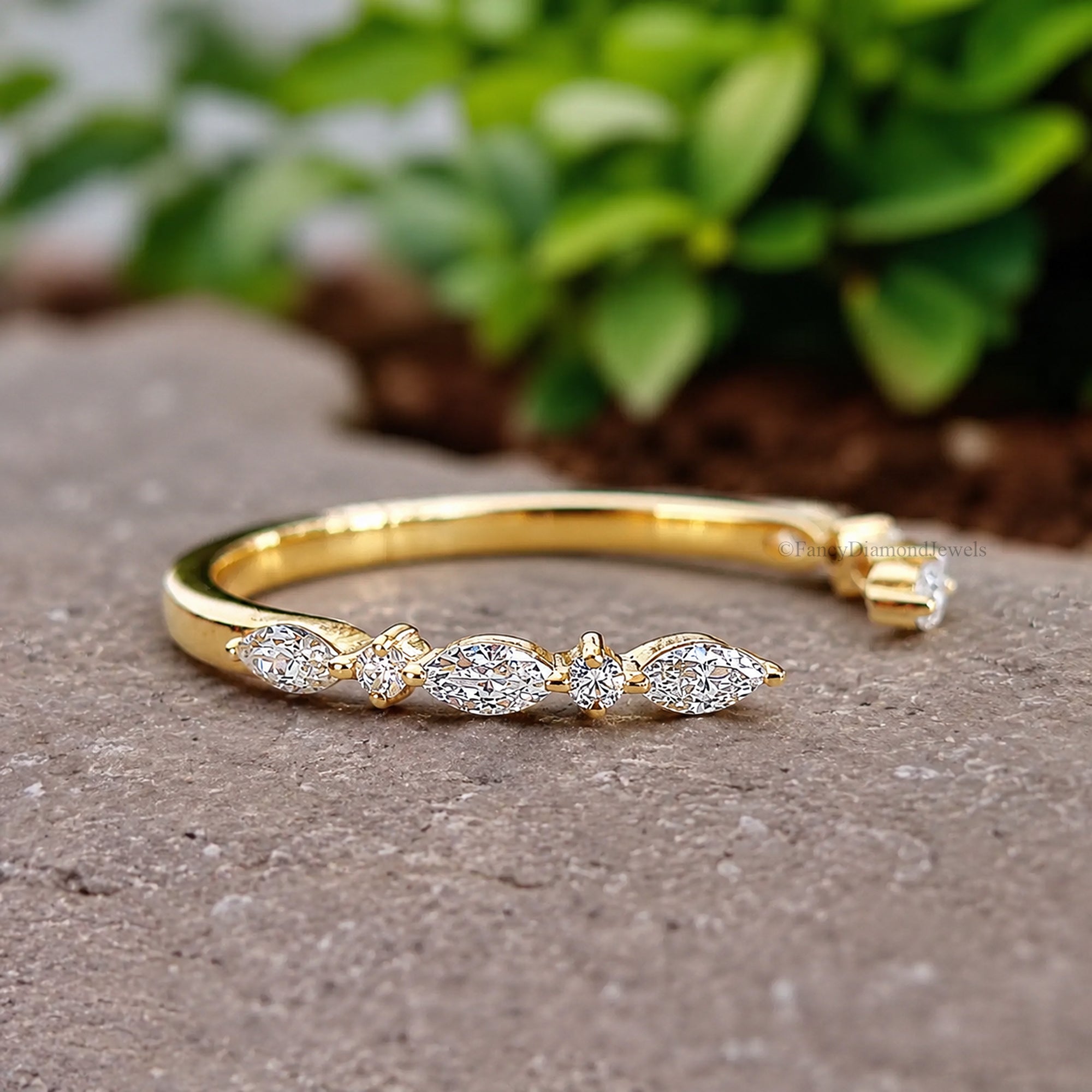 Open Gap Wedding Band Marquise and Round Moissanite Engagement Band, Half Eternity Band, Stackable Matching Minimalist Rings For Women FD603