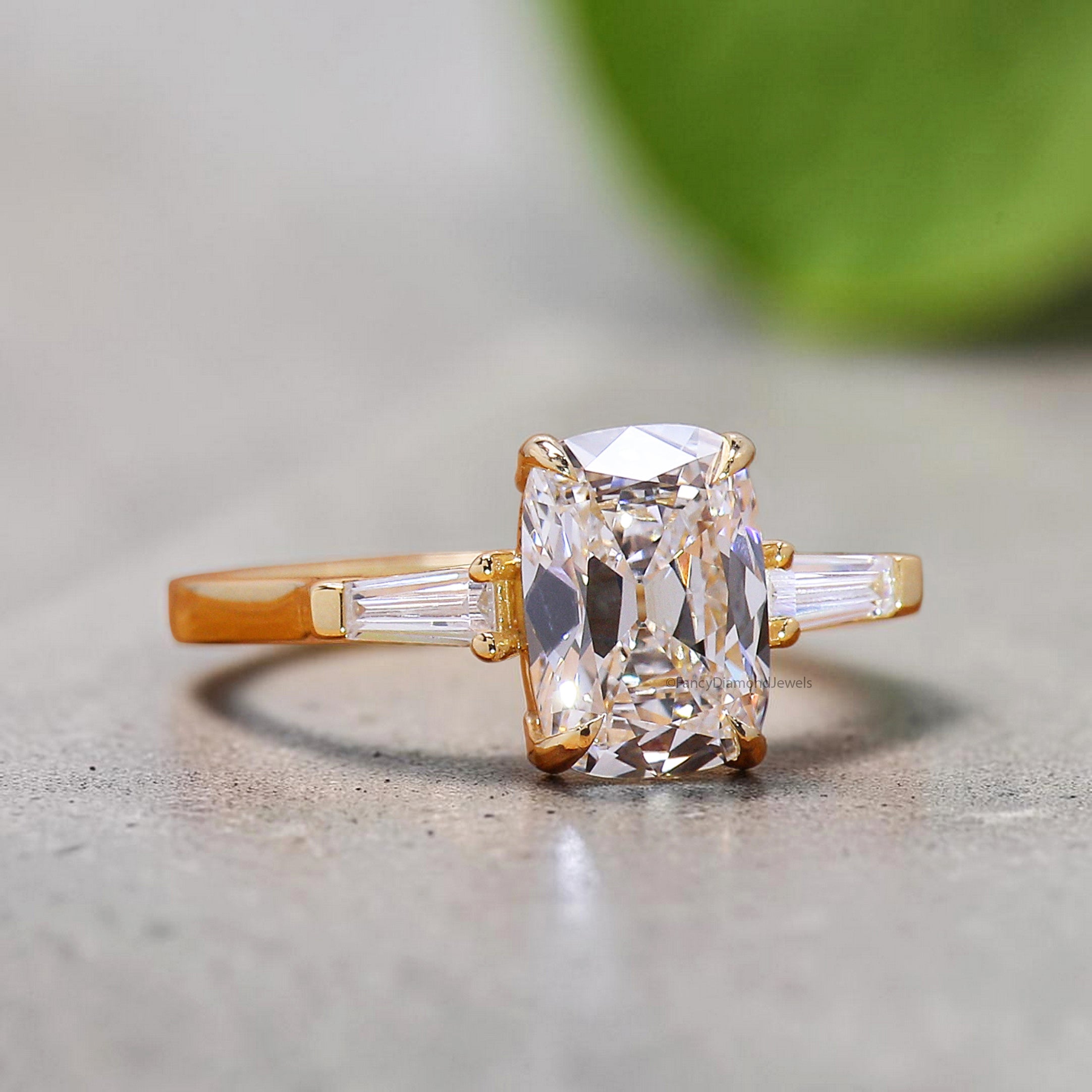 Old Mine Cut Diamond Three Stone Engagement Ring, Cushion and Tapered Baguette Diamond Ring, 3 Stone Wedding Ring, Anniversary Gifts FD559