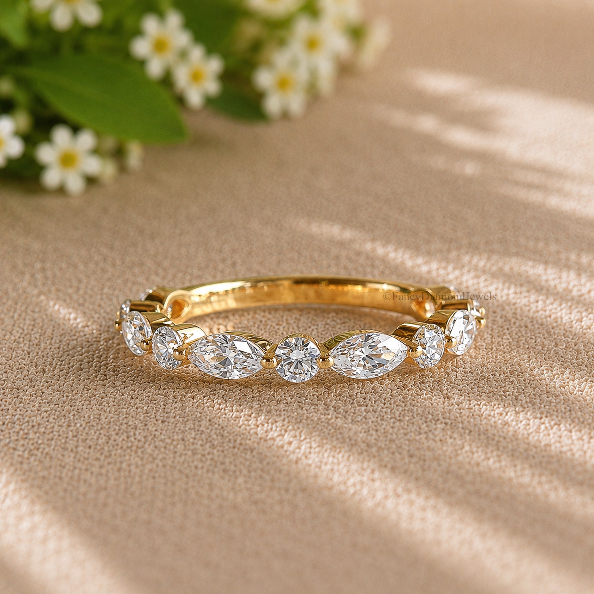 Marquise And Round Diamond Half Eternity Band Dainty Gold Stacking Ring Wedding Anniversary Gift for Her Minimalist Fine Jewelry FD587