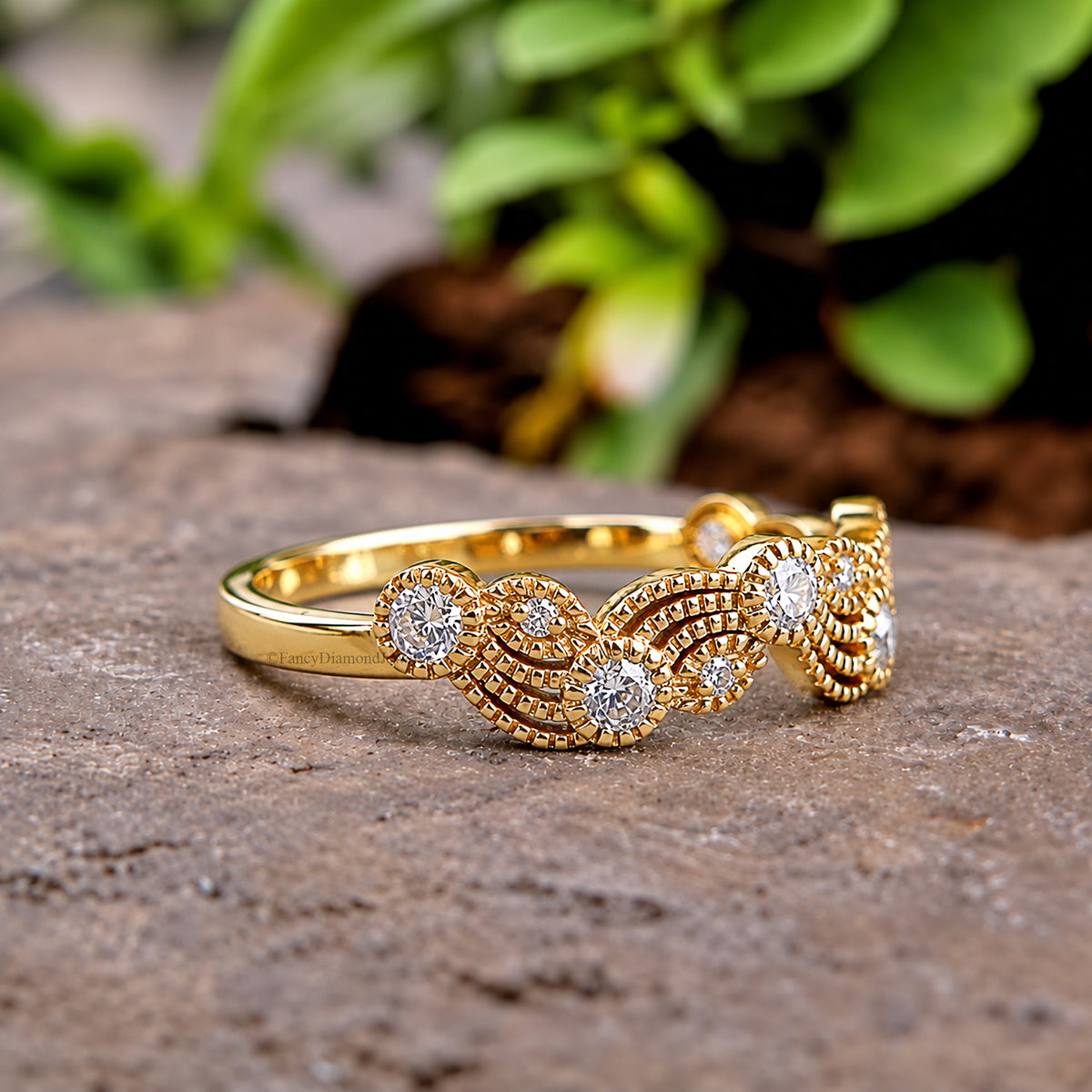 Leaf & Vine Art Deco Wedding Ring, Vintage Nature Ring, Half Eternity Ring, Round Ring, Unique Vintage Band, Wedding Band For Her FD604