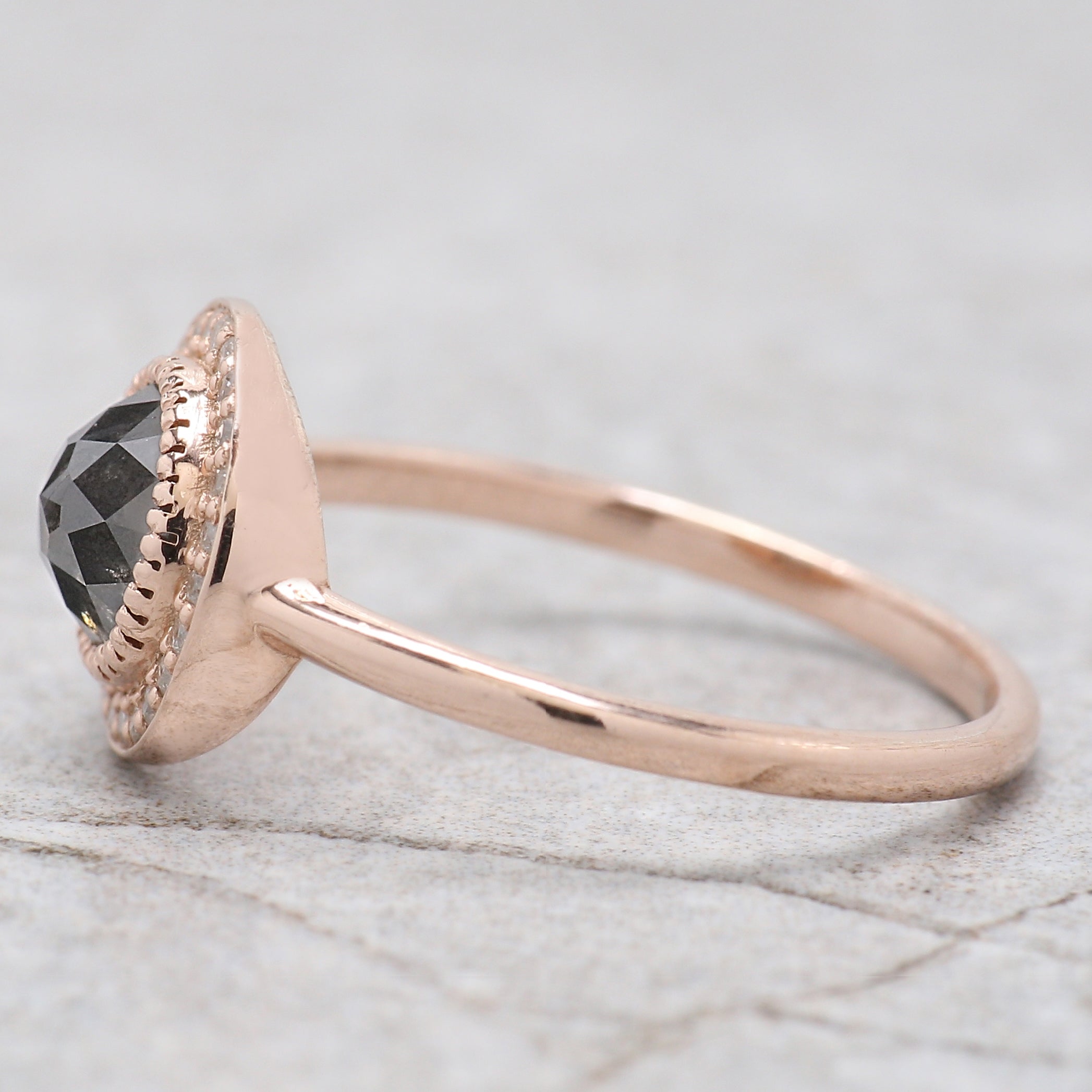 Round Rose Cut Salt And Pepper Diamond Ring 0.88 Ct 5.60 MM Round Shape Diamond Ring 14K Rose Gold Silver Engagement Ring Gift For Her QL2132